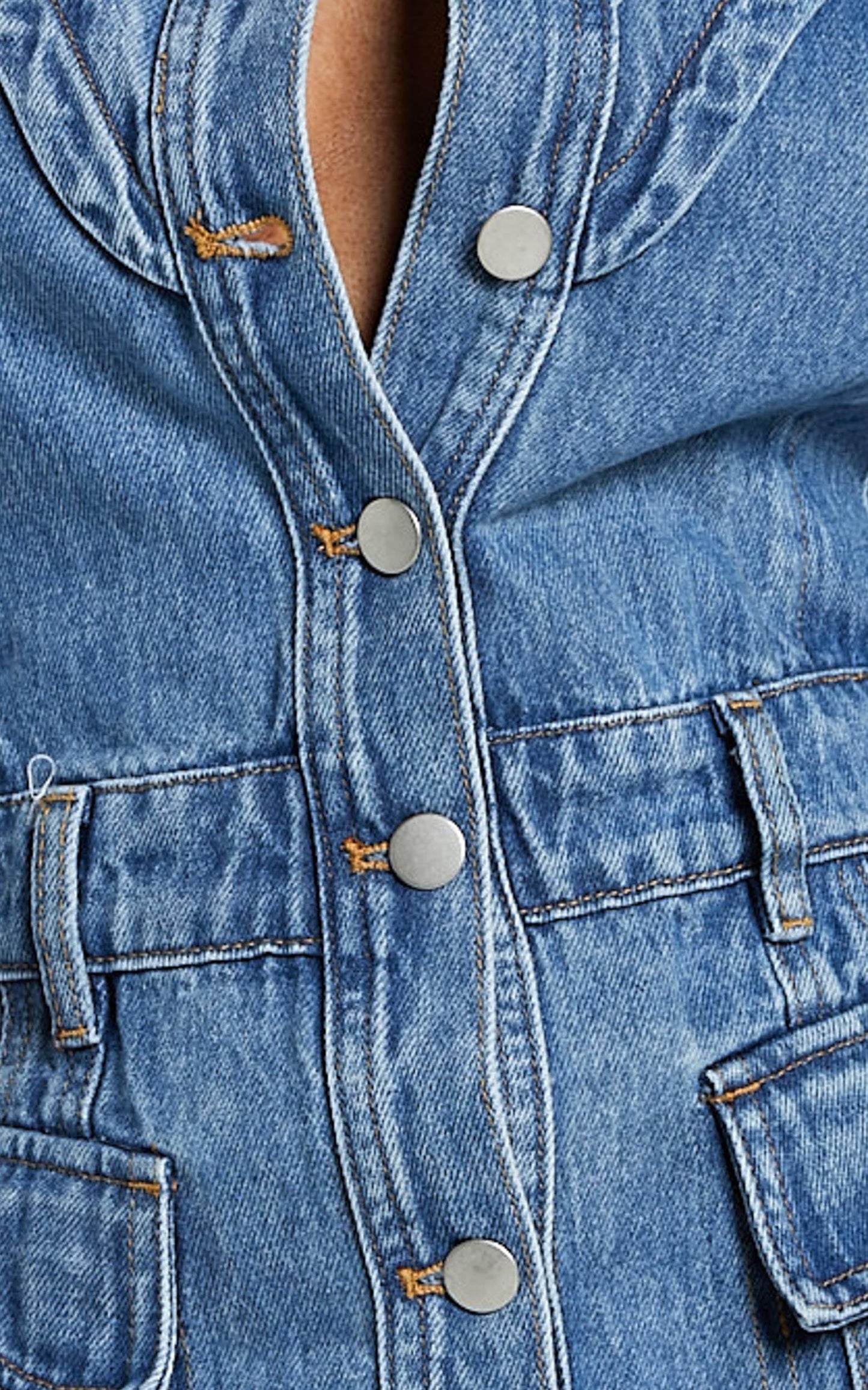 Jasse Mini Dress - Hardware Button Through Denim Dress in Mid Blue Wash