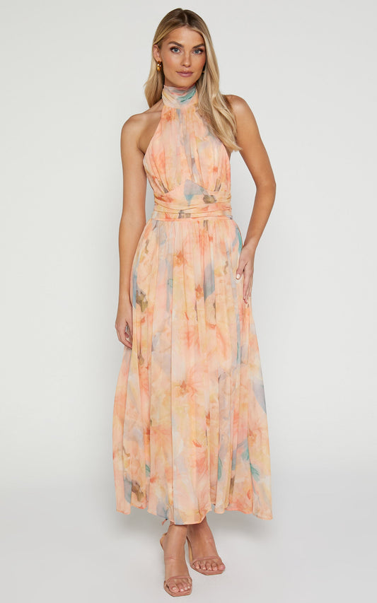 Jastica Midi Dress - Halter Neck Waist Detail Dress in Yellow Floral