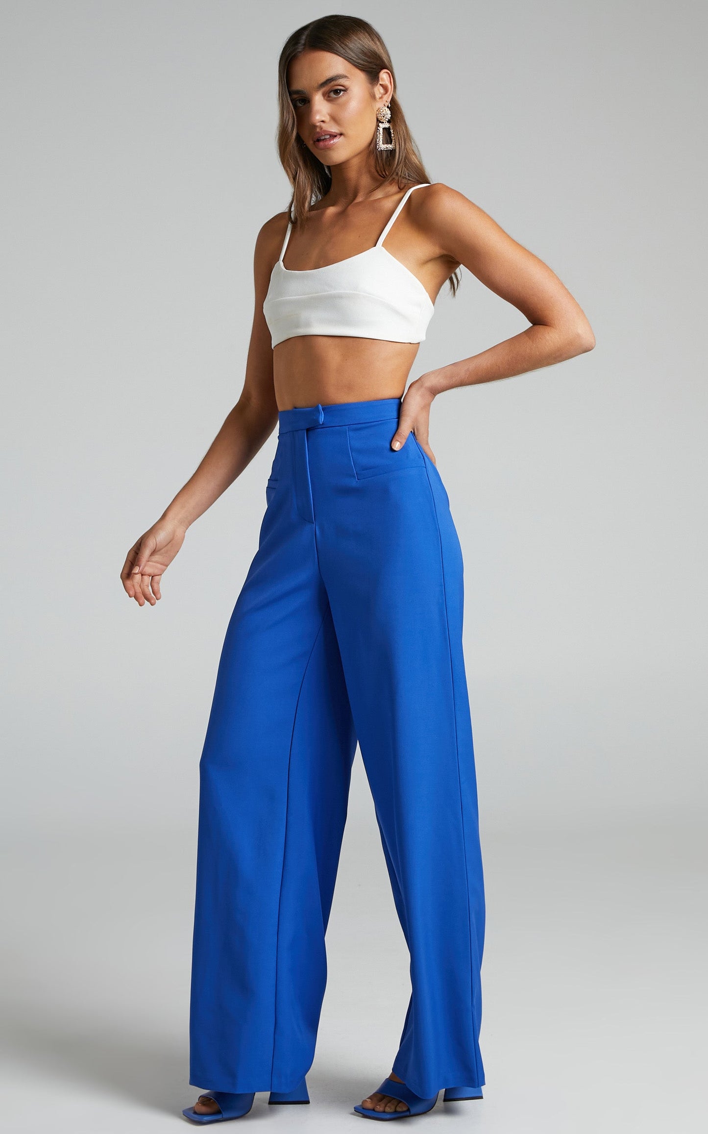Jaxine - High Waisted Tailored Wide Leg Trousers in Cobalt