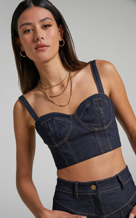 Jayeleh Denim Topstitched Bralette Crop Top in Indigo Wash