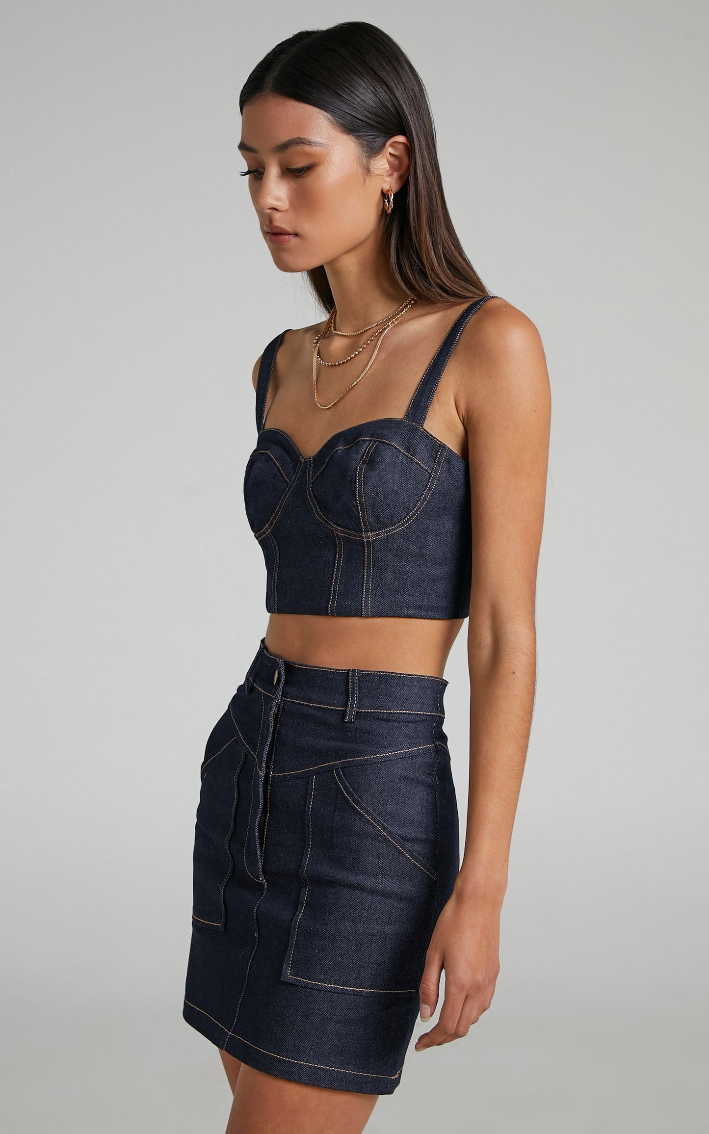 Jayeleh Denim Topstitched Mini Skirt in Indigo Wash