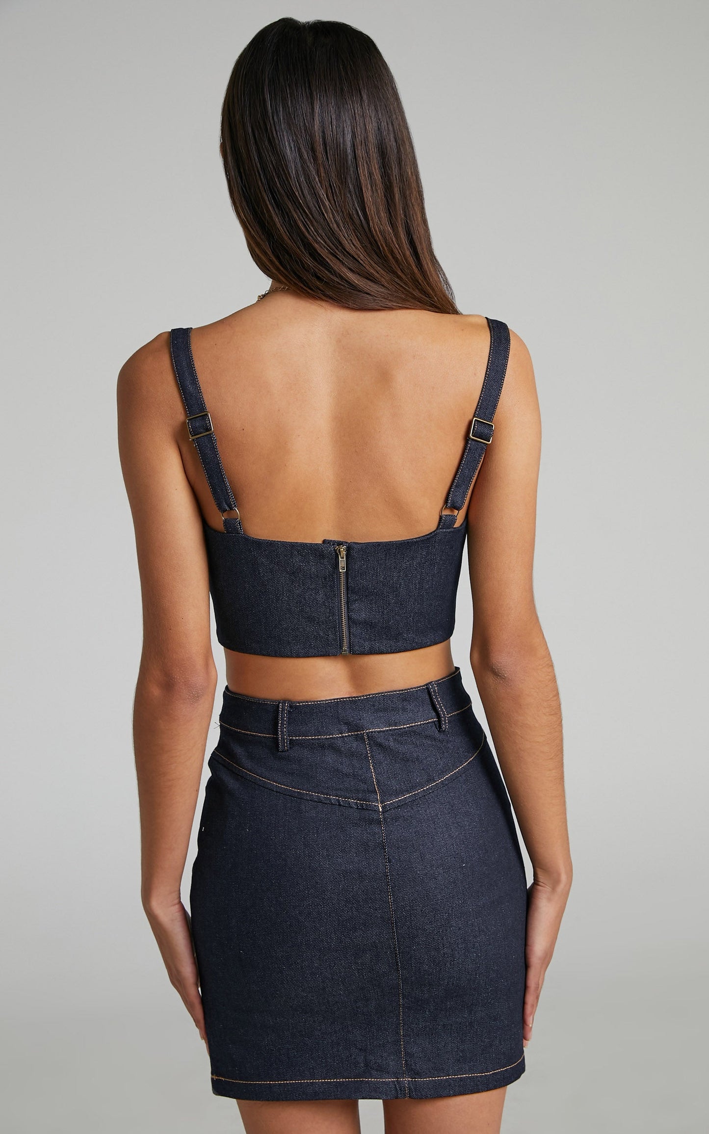 Jayeleh Denim Topstitched Mini Skirt in Indigo Wash