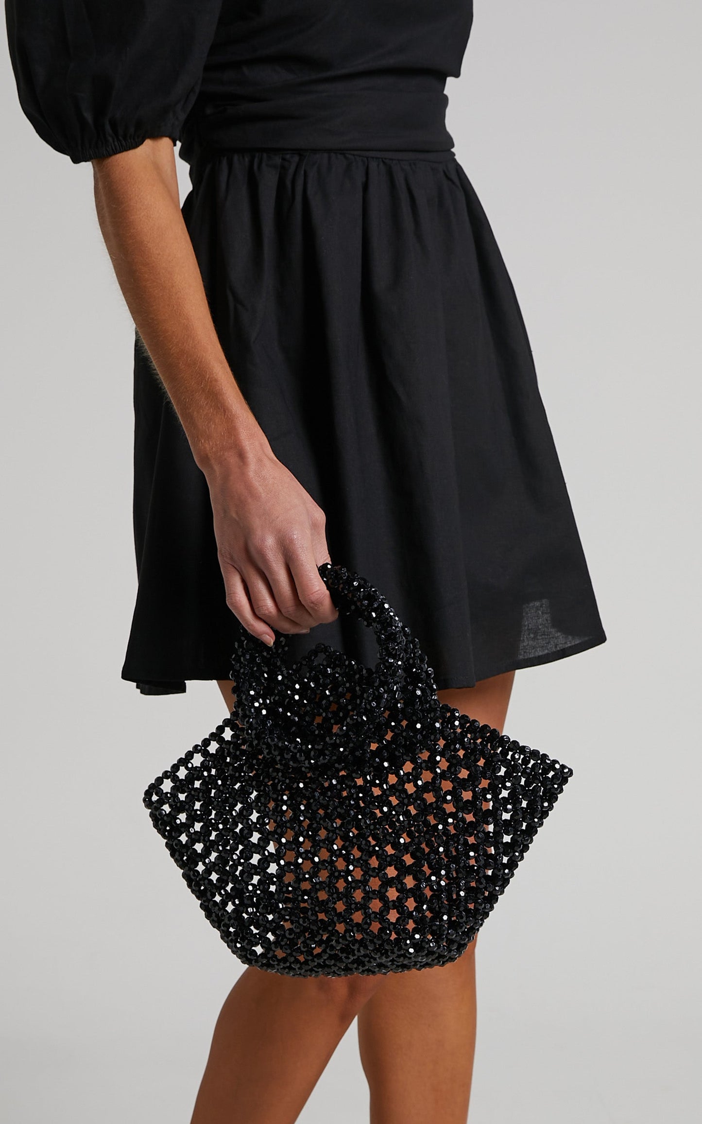Jaynhel Bag - Ring Handle Crochet Look Beaded Bag in Black