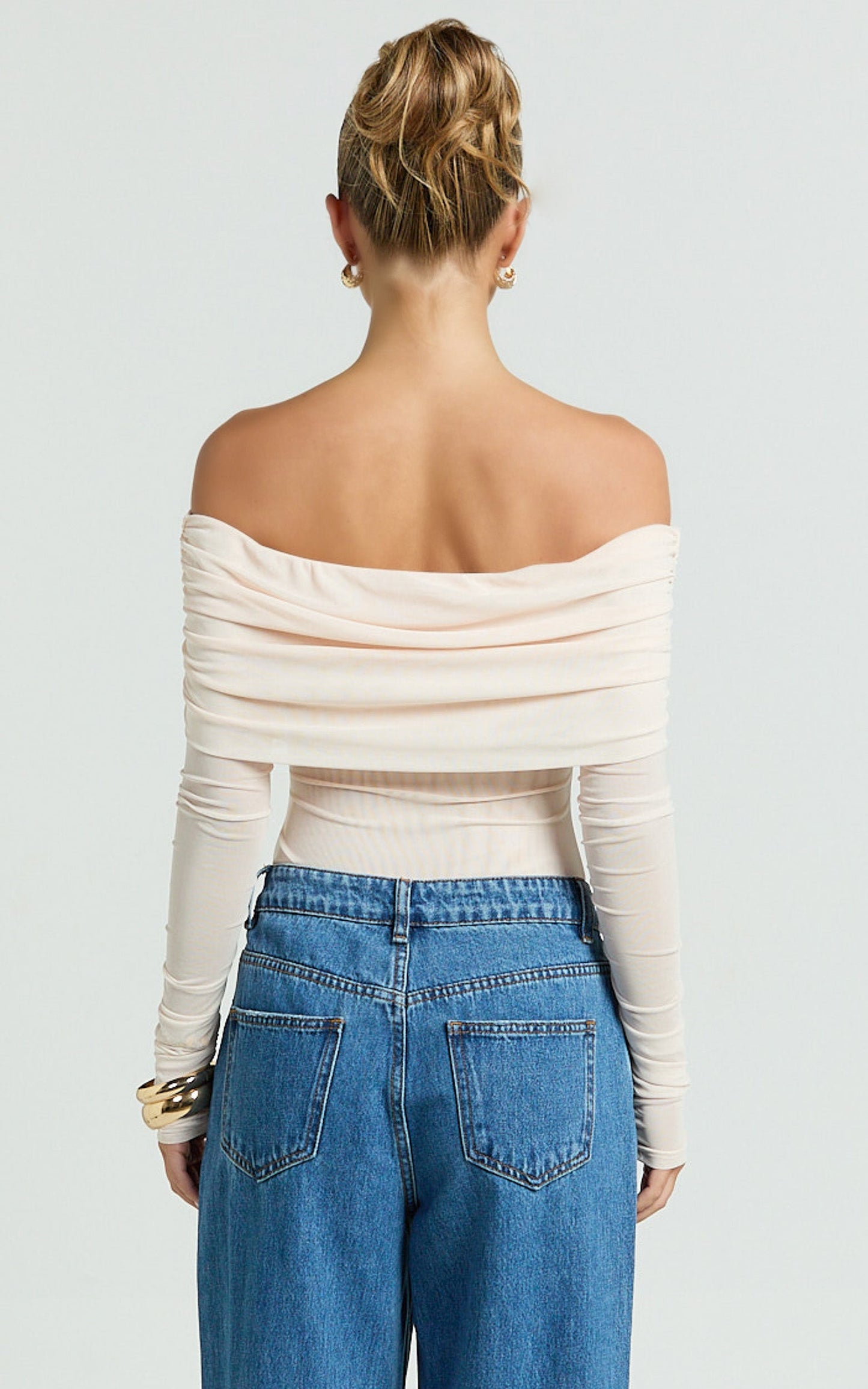Jaythen Bodysuit - Long Sleeve Off Shoulder Ruched Mesh Bodysuit in Cream