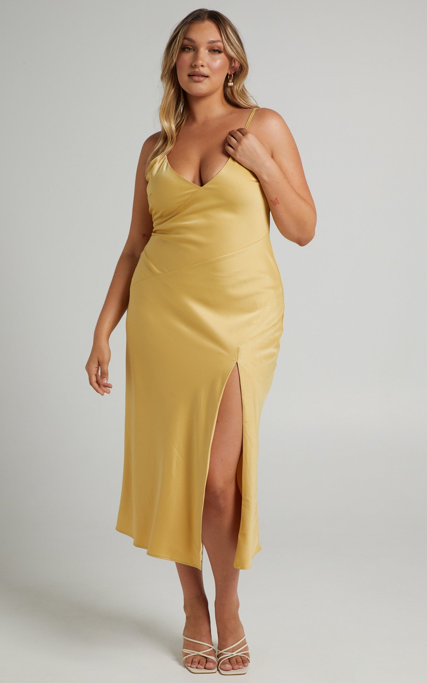 Luminescent Lover Bias Cut V Neck Midi Dress in Marigold