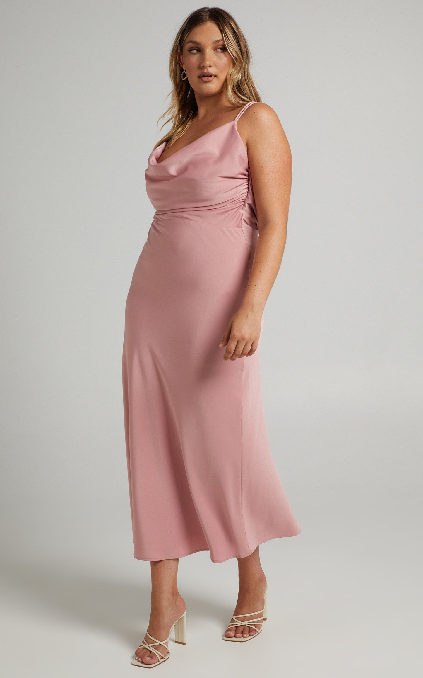 Soft Petal Midi Dress - Cowl Crossover Back Dress in Blush
