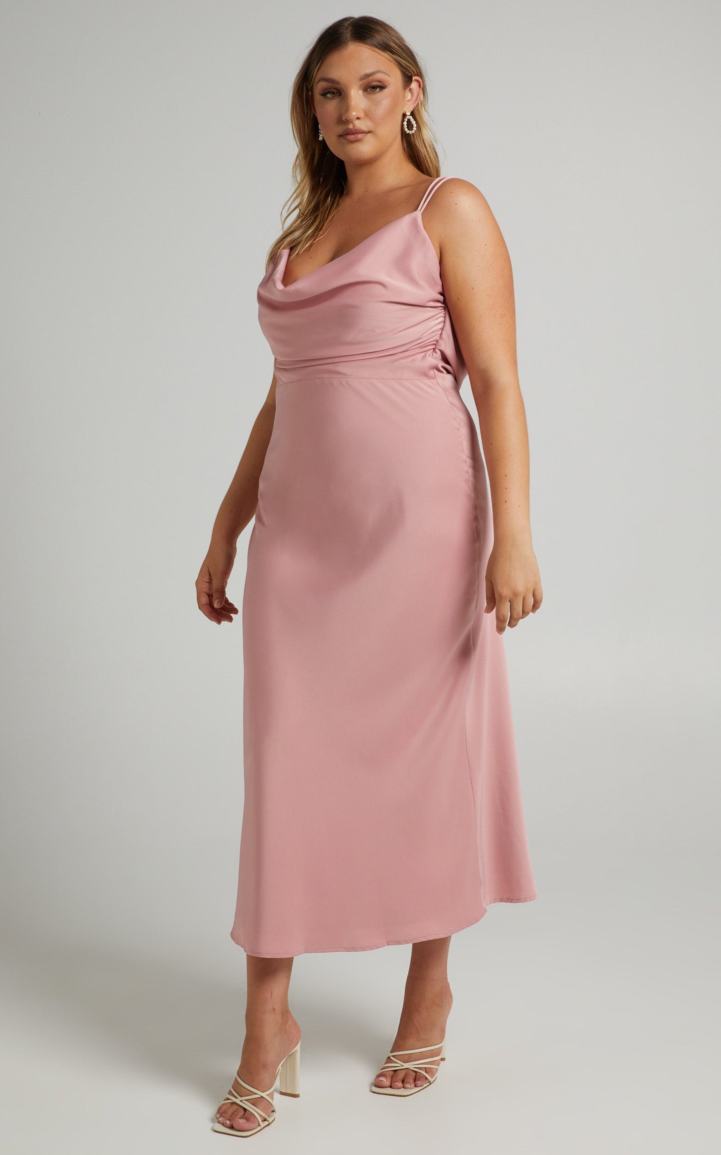 Soft Petal Midi Dress - Cowl Crossover Back Dress in Blush