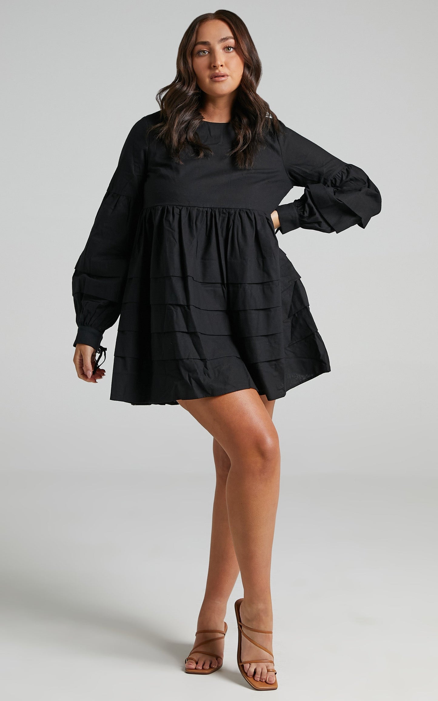 Jefferies Mini Dress - Long Sleeve Pin Tuck Dress in Black