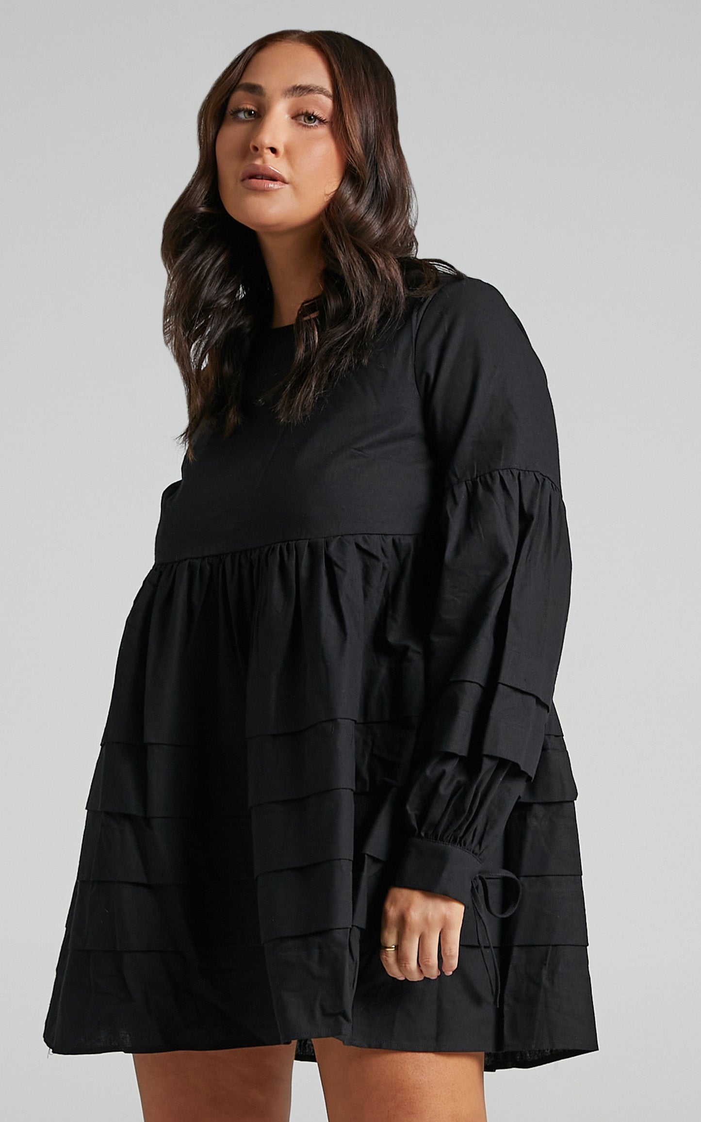 Jefferies Mini Dress - Long Sleeve Pin Tuck Dress in Black