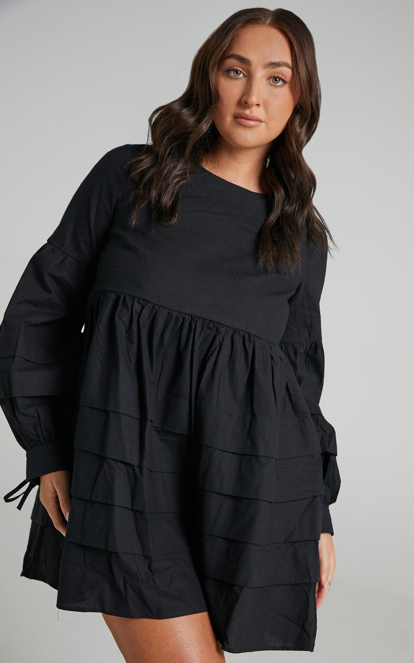 Jefferies Mini Dress - Long Sleeve Pin Tuck Dress in Black