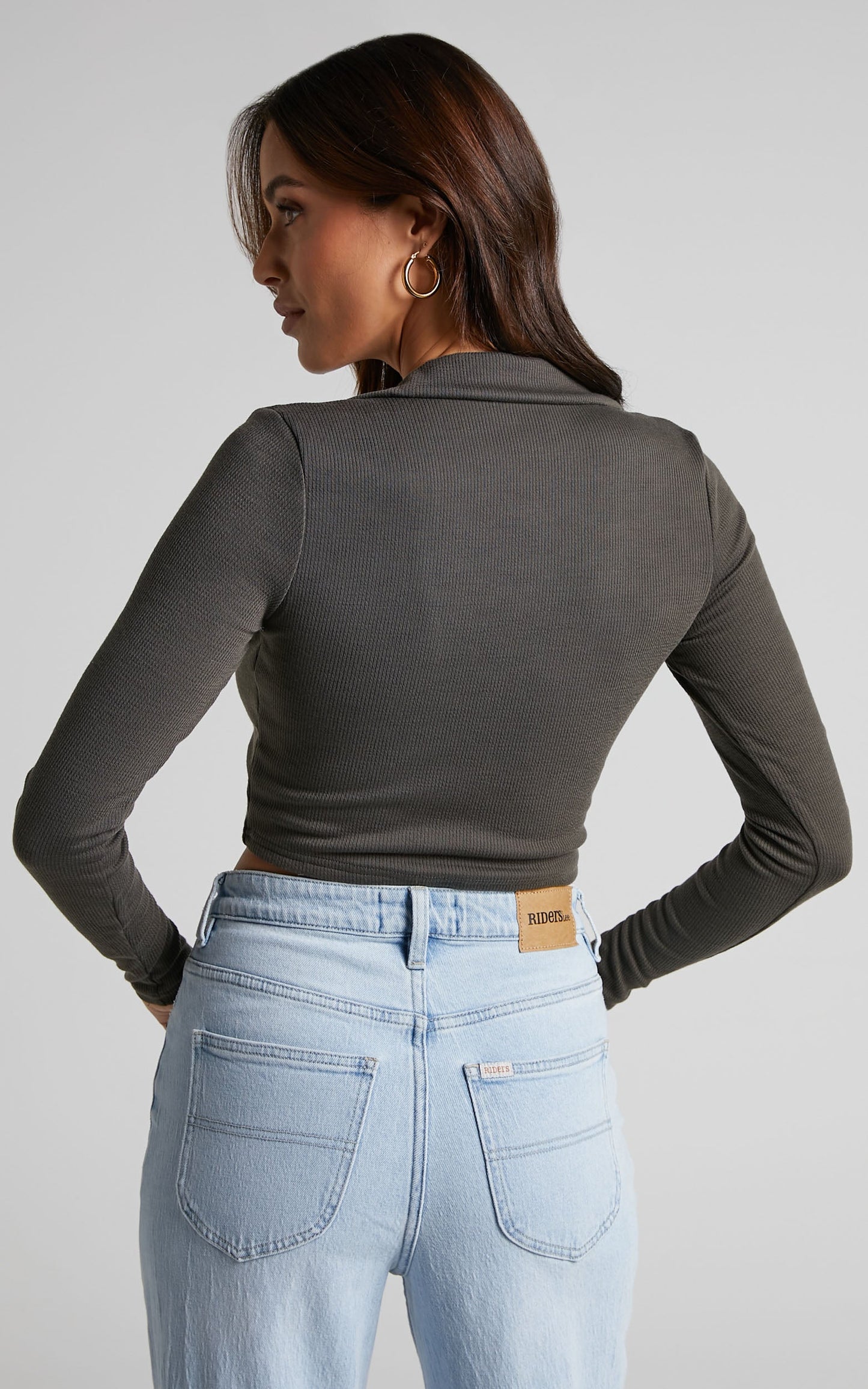 Jelena Top - Collared Deep V Long Sleeve Crop Top in Dark Olive