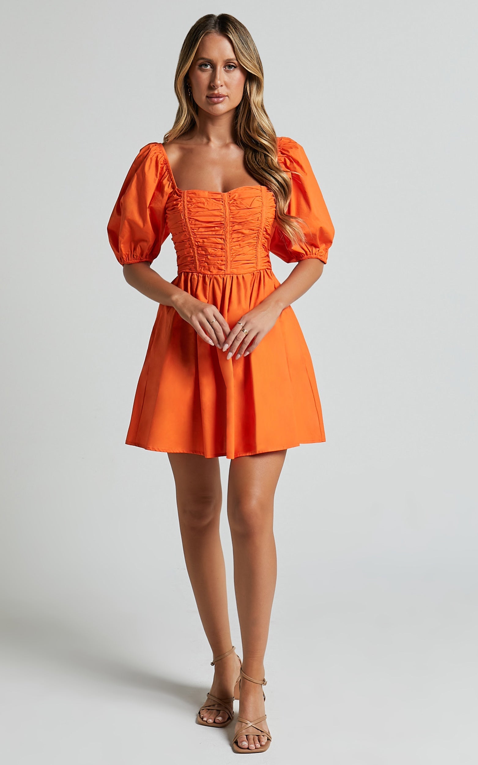 Jellina Mini Dress - Short Puff Sleeve Ruched Bodice Dress in Orange