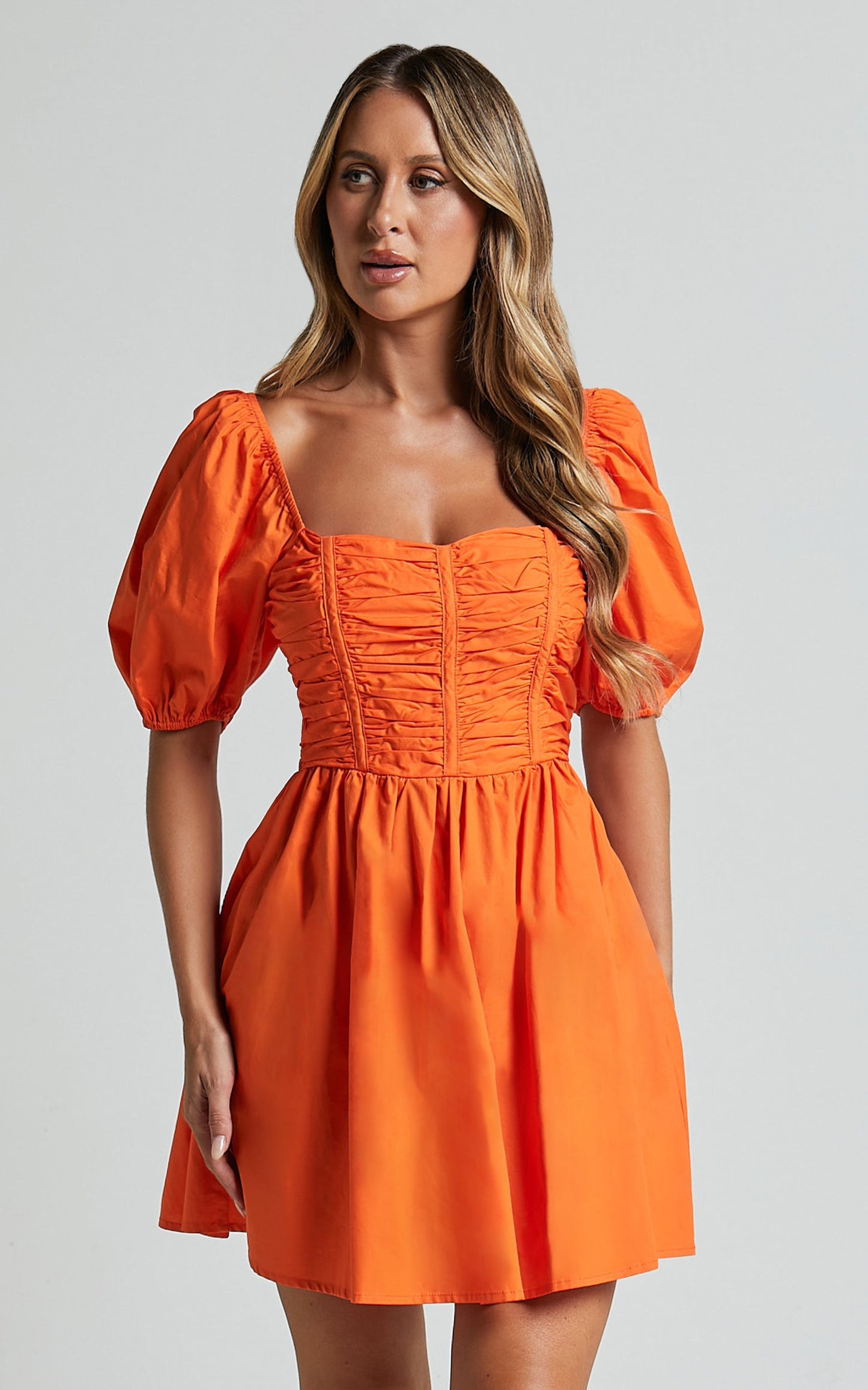 Jellina Mini Dress - Short Puff Sleeve Ruched Bodice Dress in Orange