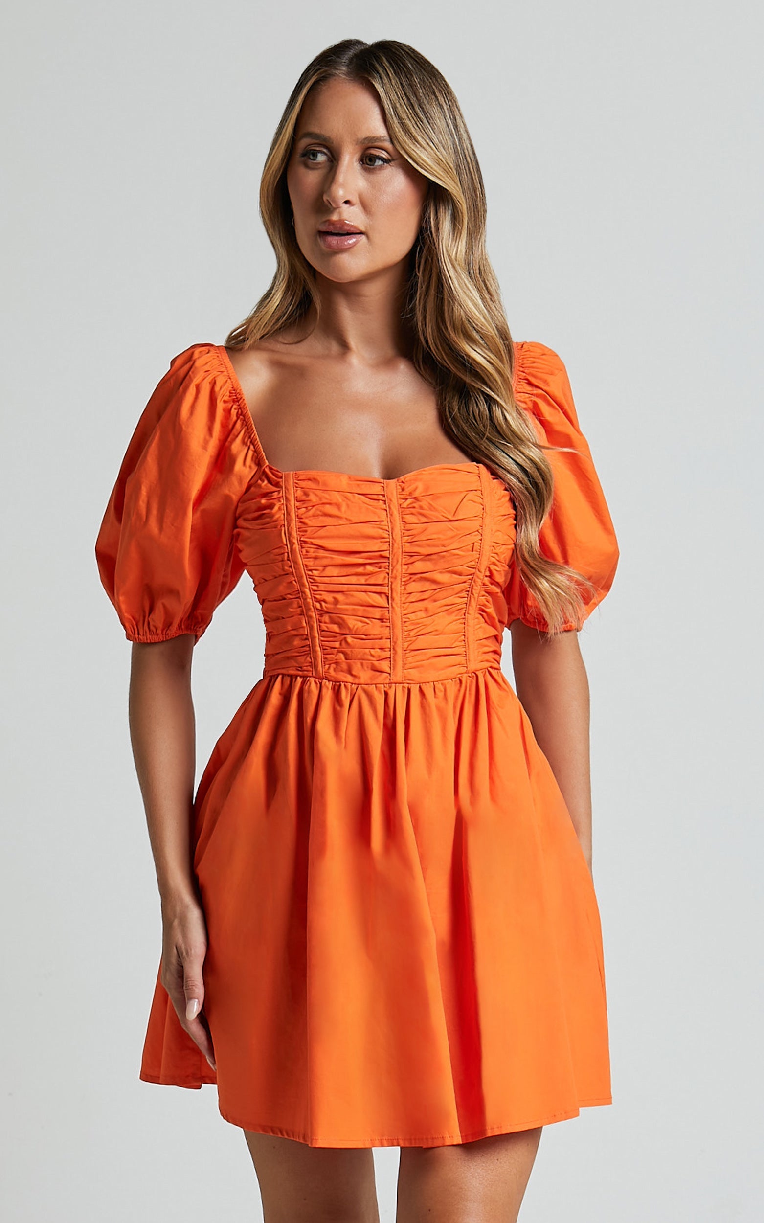Jellina Mini Dress - Short Puff Sleeve Ruched Bodice Dress in Orange