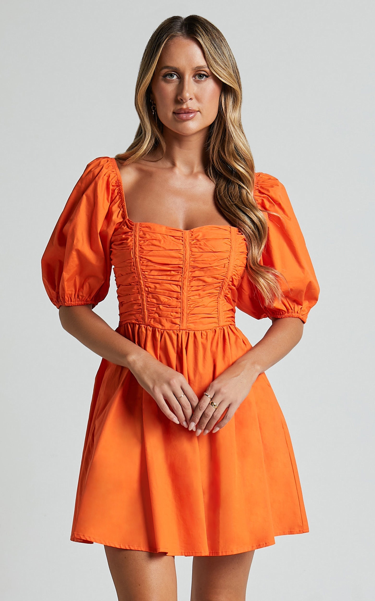 Jellina Mini Dress - Short Puff Sleeve Ruched Bodice Dress in Orange