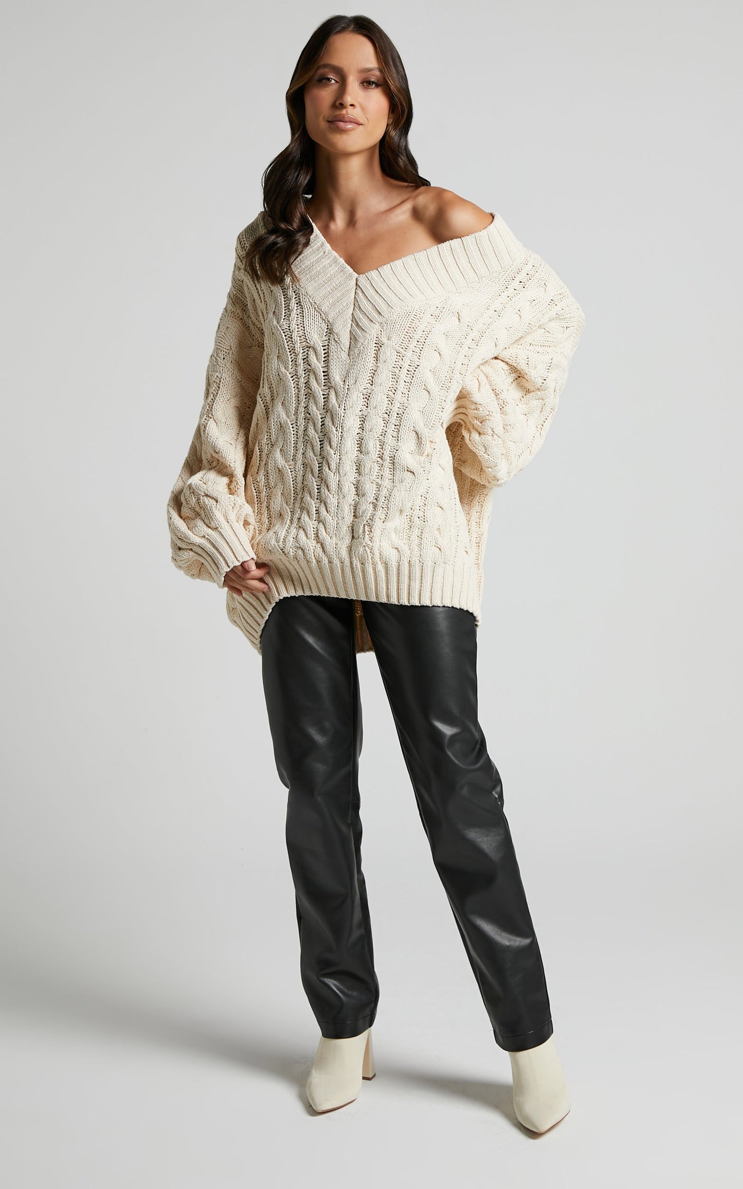 Jemima Jumper - V Neck Cable Knit Jumper in Cream