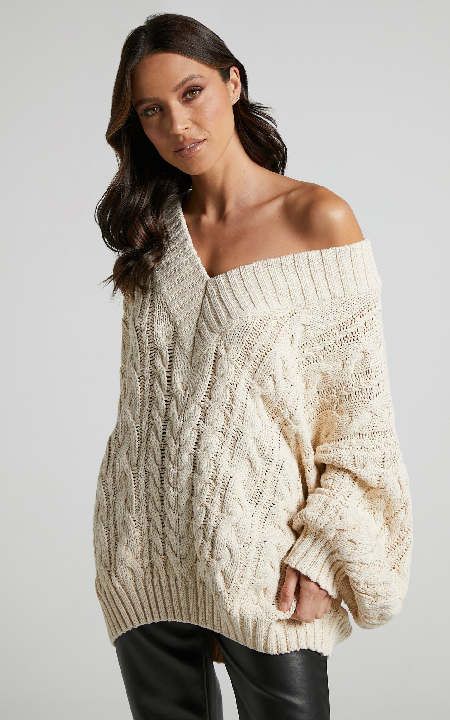 Jemima Jumper - V Neck Cable Knit Jumper in Cream