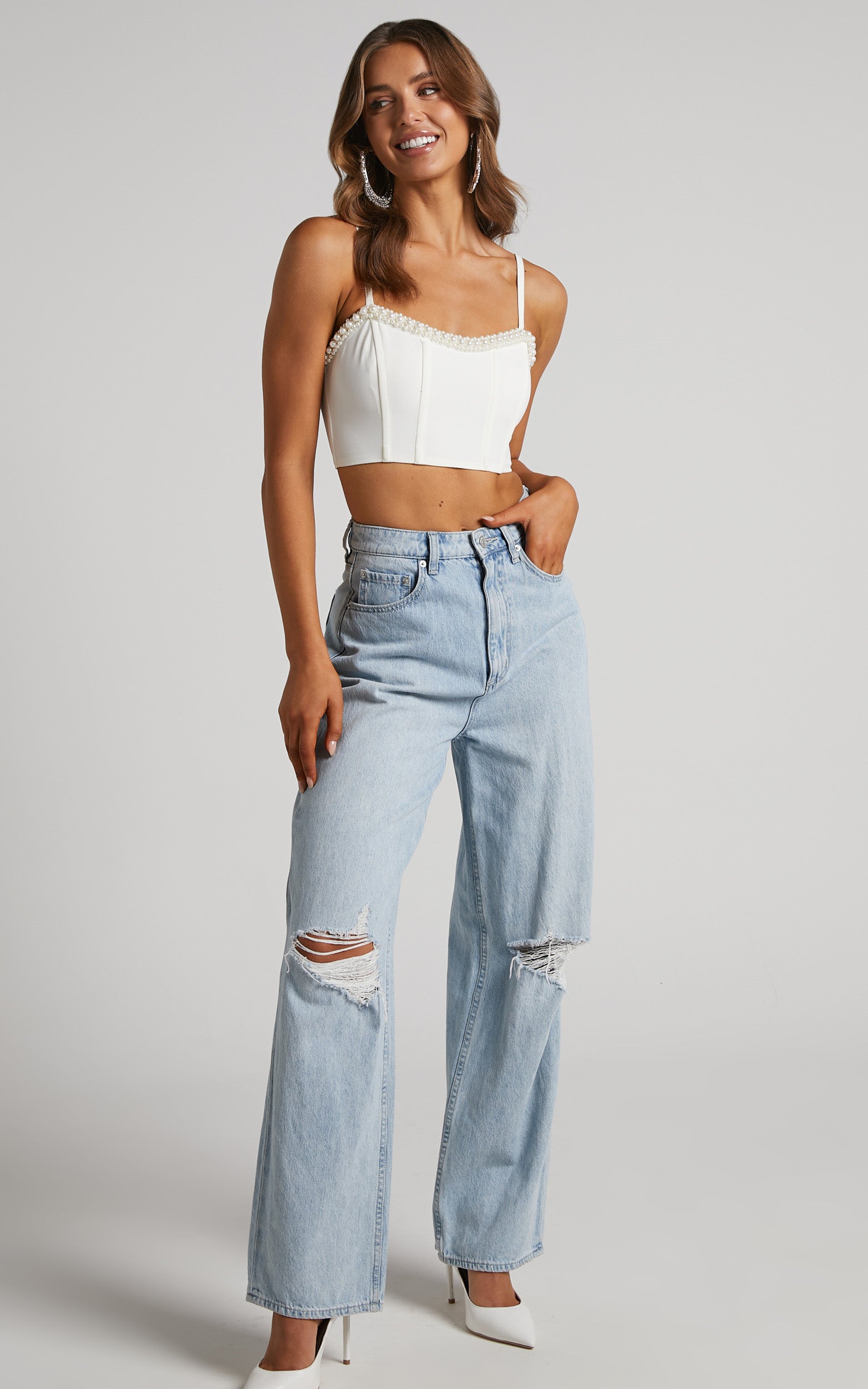 Jemmae Top - Pearl Trim Corset Crop Top in White