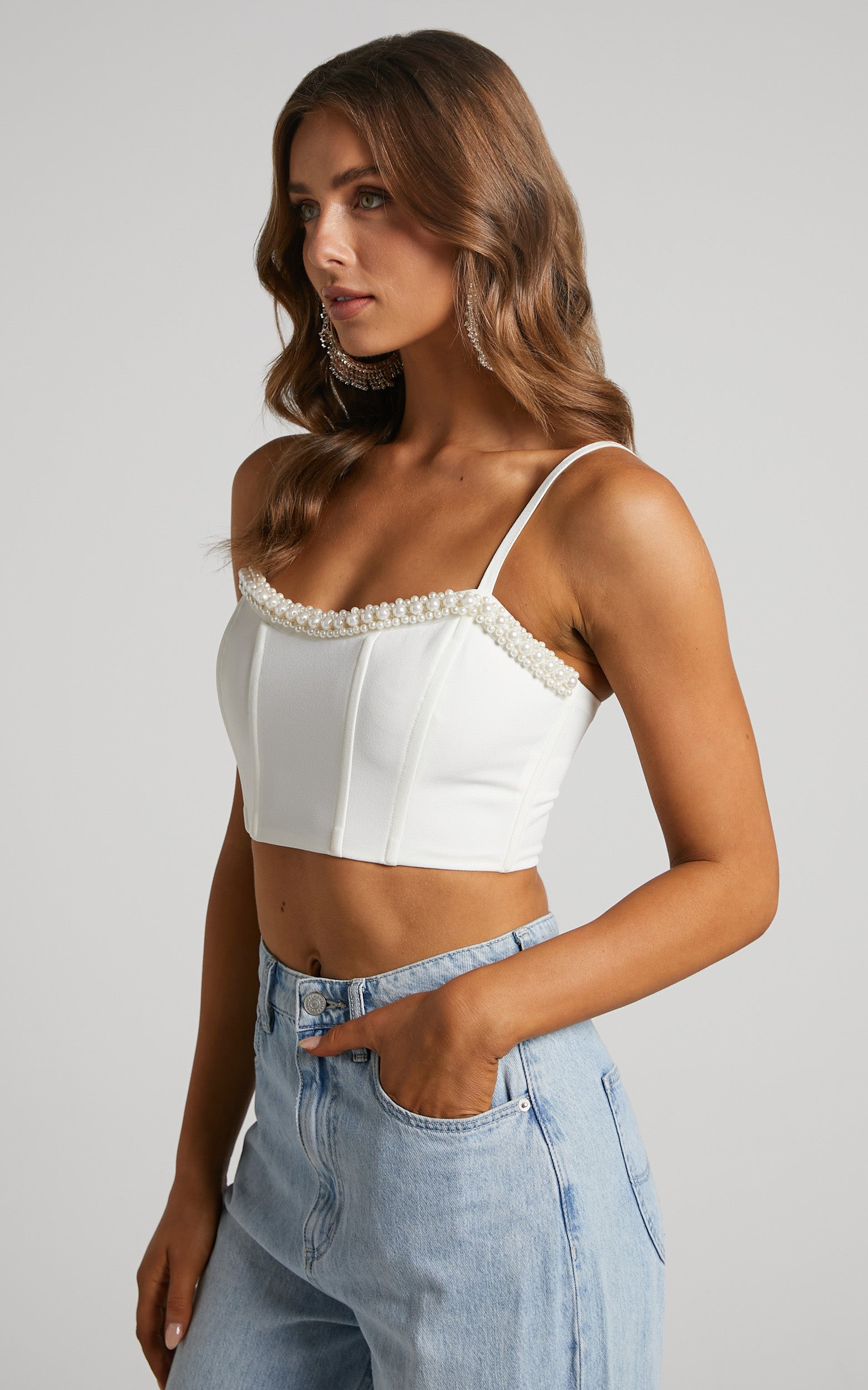Jemmae Top - Pearl Trim Corset Crop Top in White