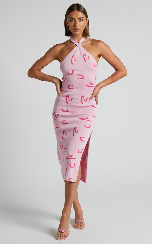 Jenni Midi Dress - Tie Up Halter Knit Dress in Pink Print
