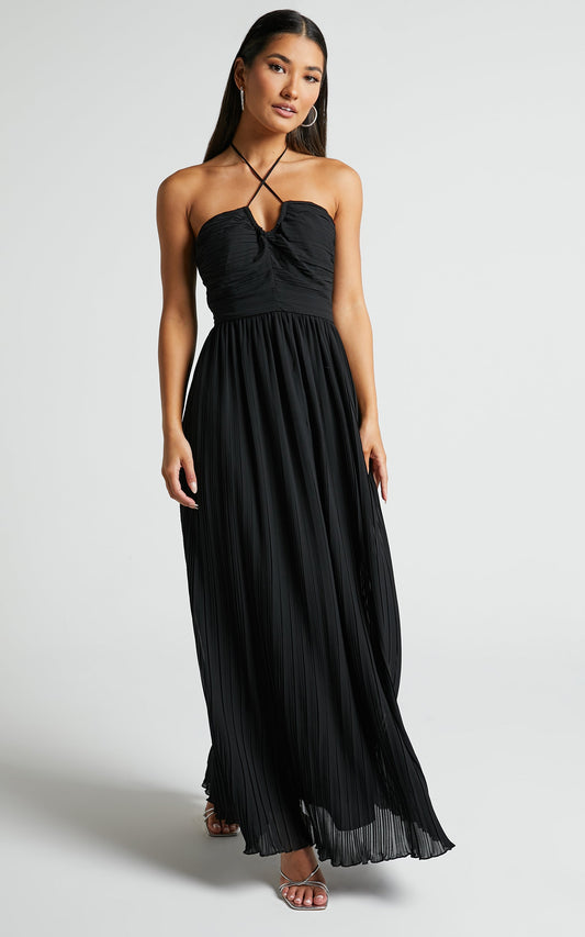 Jennie Midi Dress - Gathered Bodice Halter Dress in Black