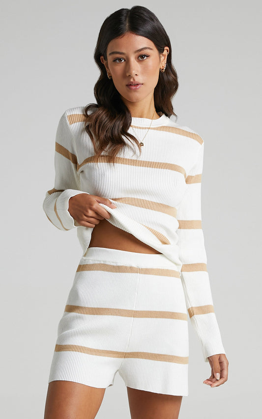 Jennings Knit Two Piece Set in Beige Stripe