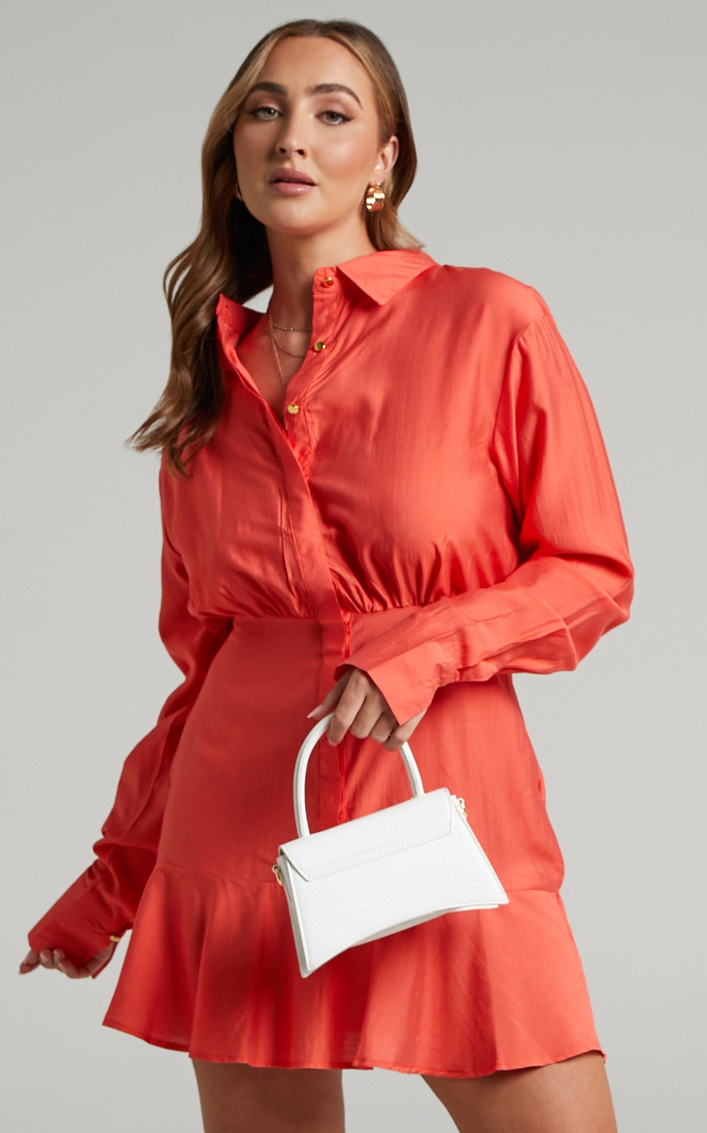 Jervin Mini Dress - Collared Button Down Shirt Dress in Oxy Fire
