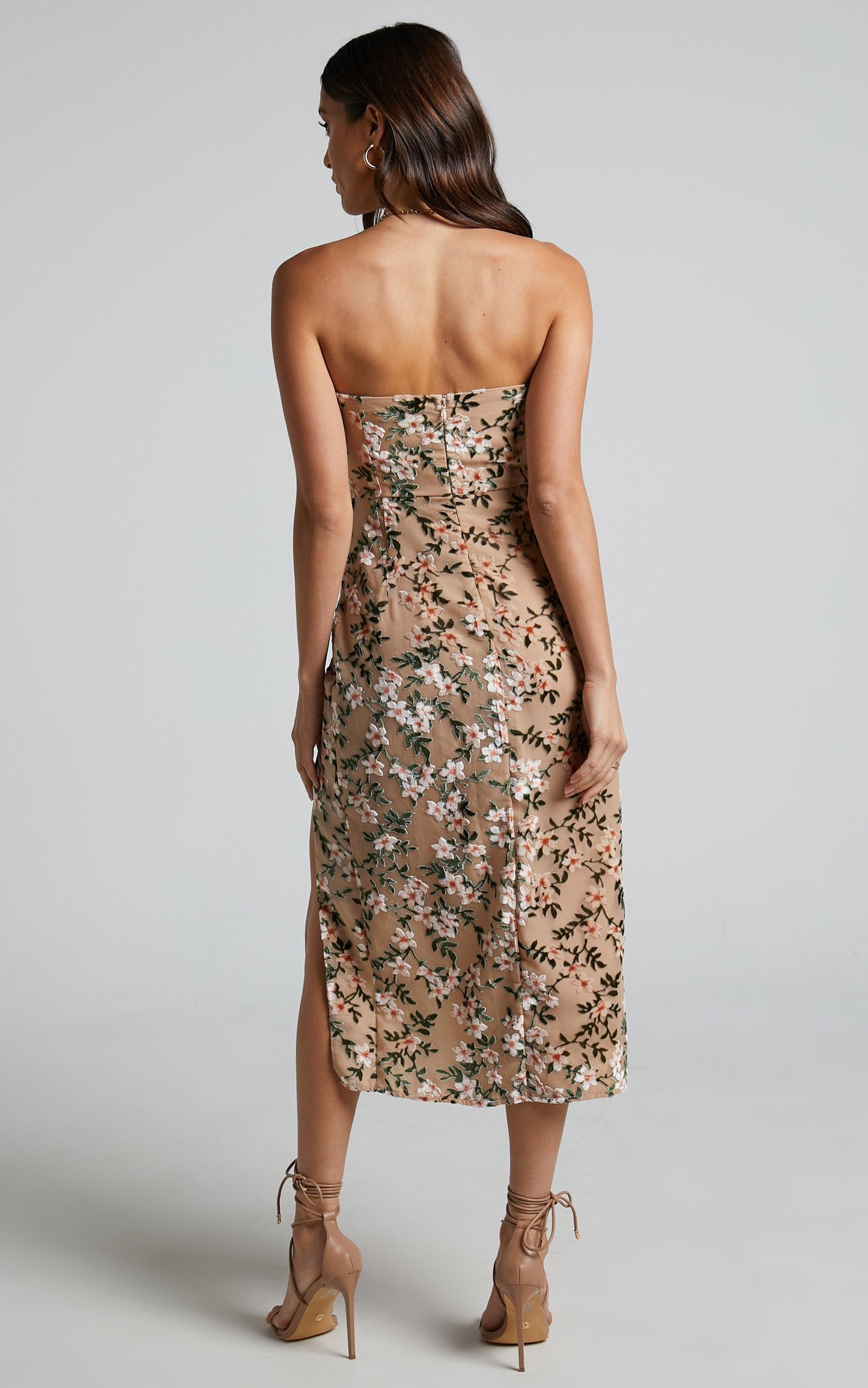 Jessell Midi Dress - High Split Strapless Dress in Beige Floral