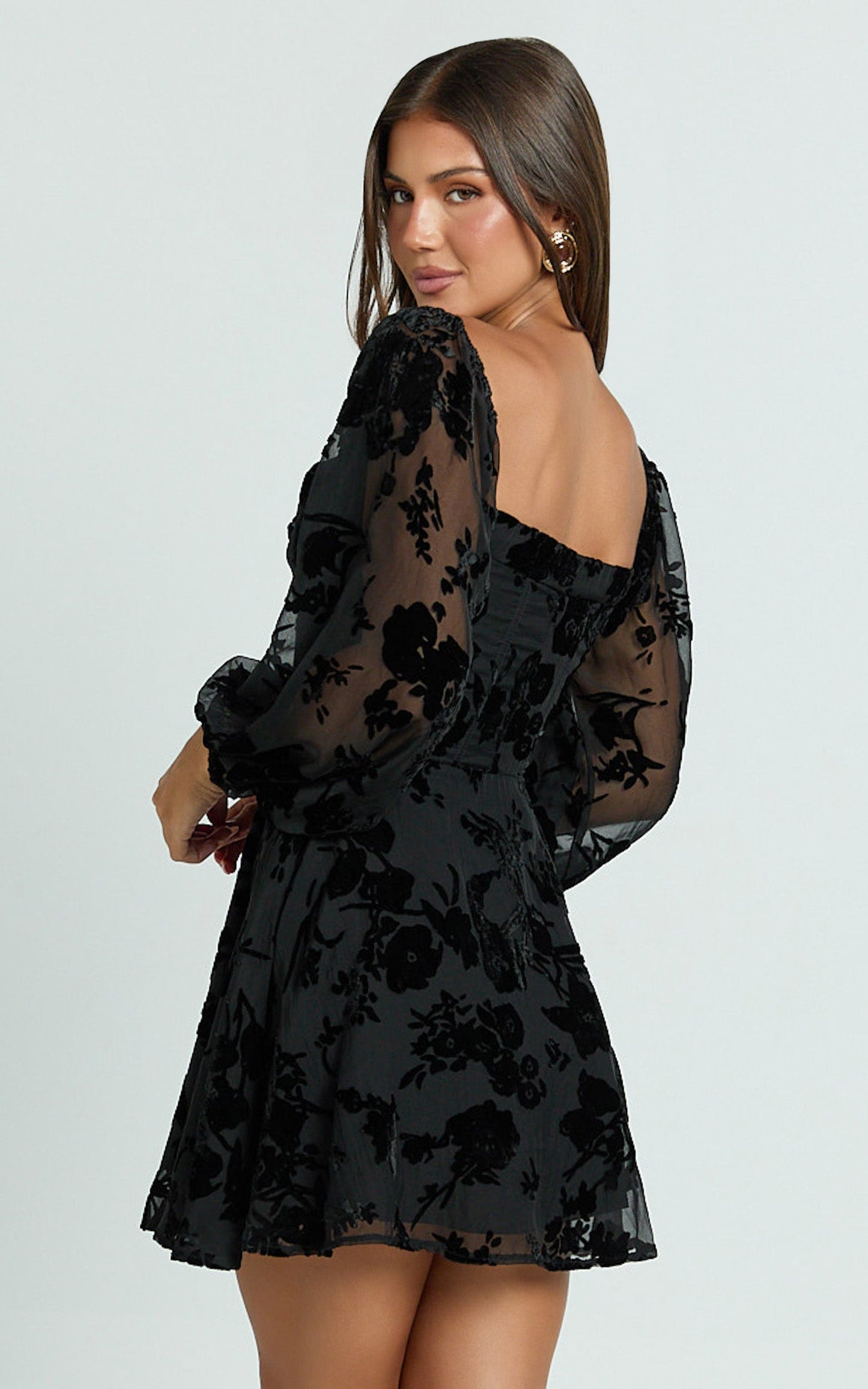 Jessell Mini Dress - Long Sleeve Cowl Corset Dress in Ebony Burnout