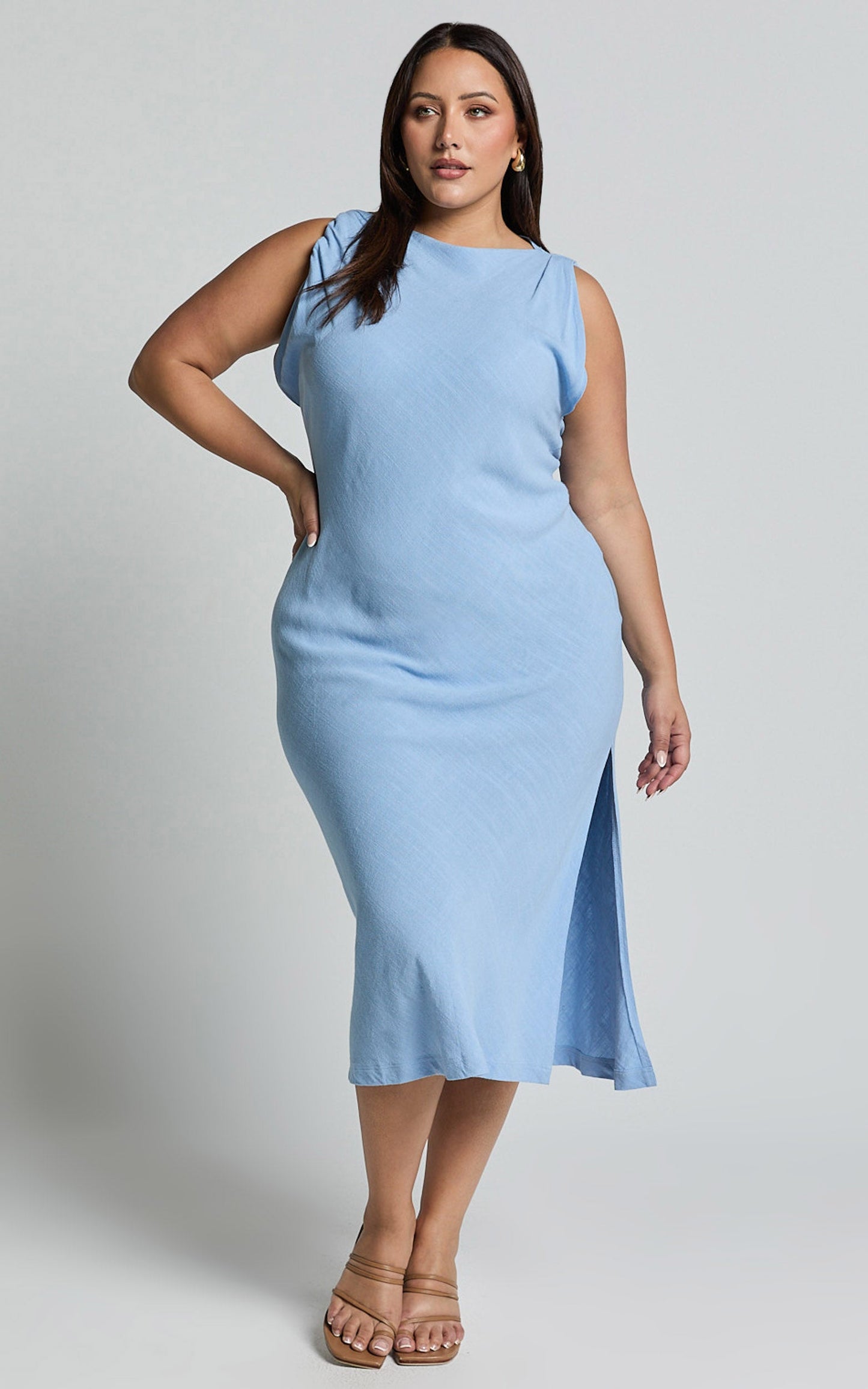 Jessenia Midi Dress - Linen High Neck Dress in Blue
