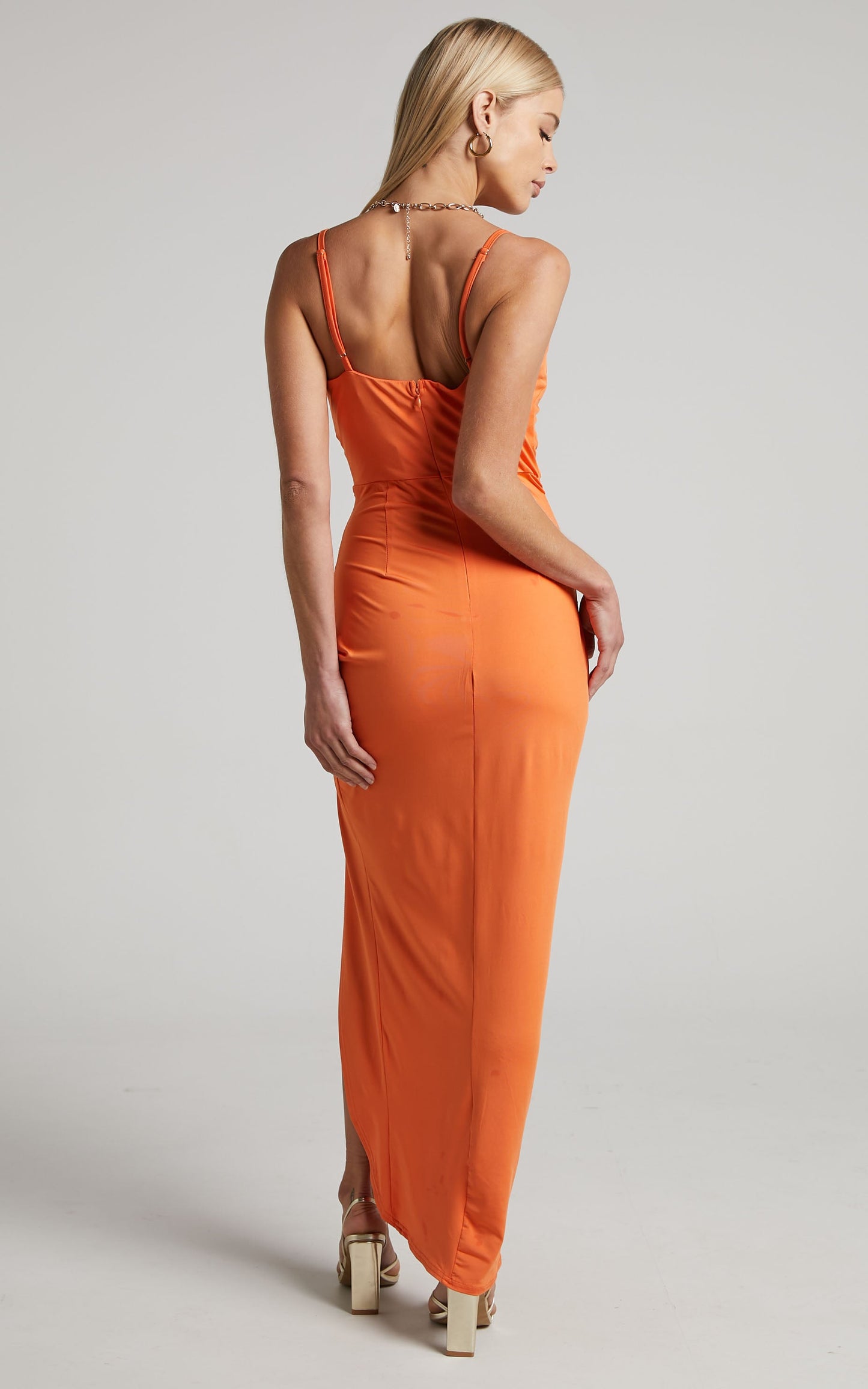 Jessey Maxi Dress - Drawstring Ruched Thigh Split Dress in Orange