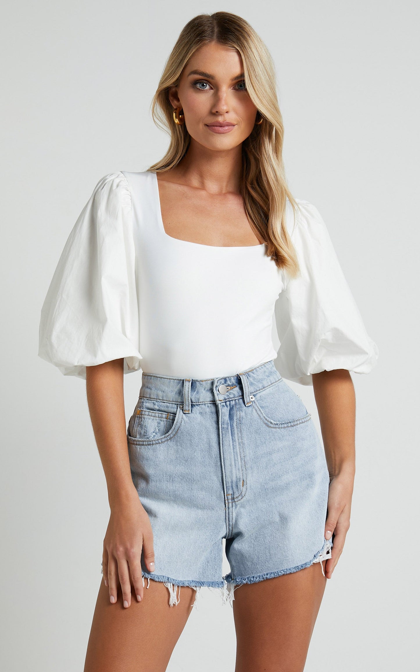 Jessica Bodysuit - Square Neck Short Bubble Sleeve Bodysuit in White