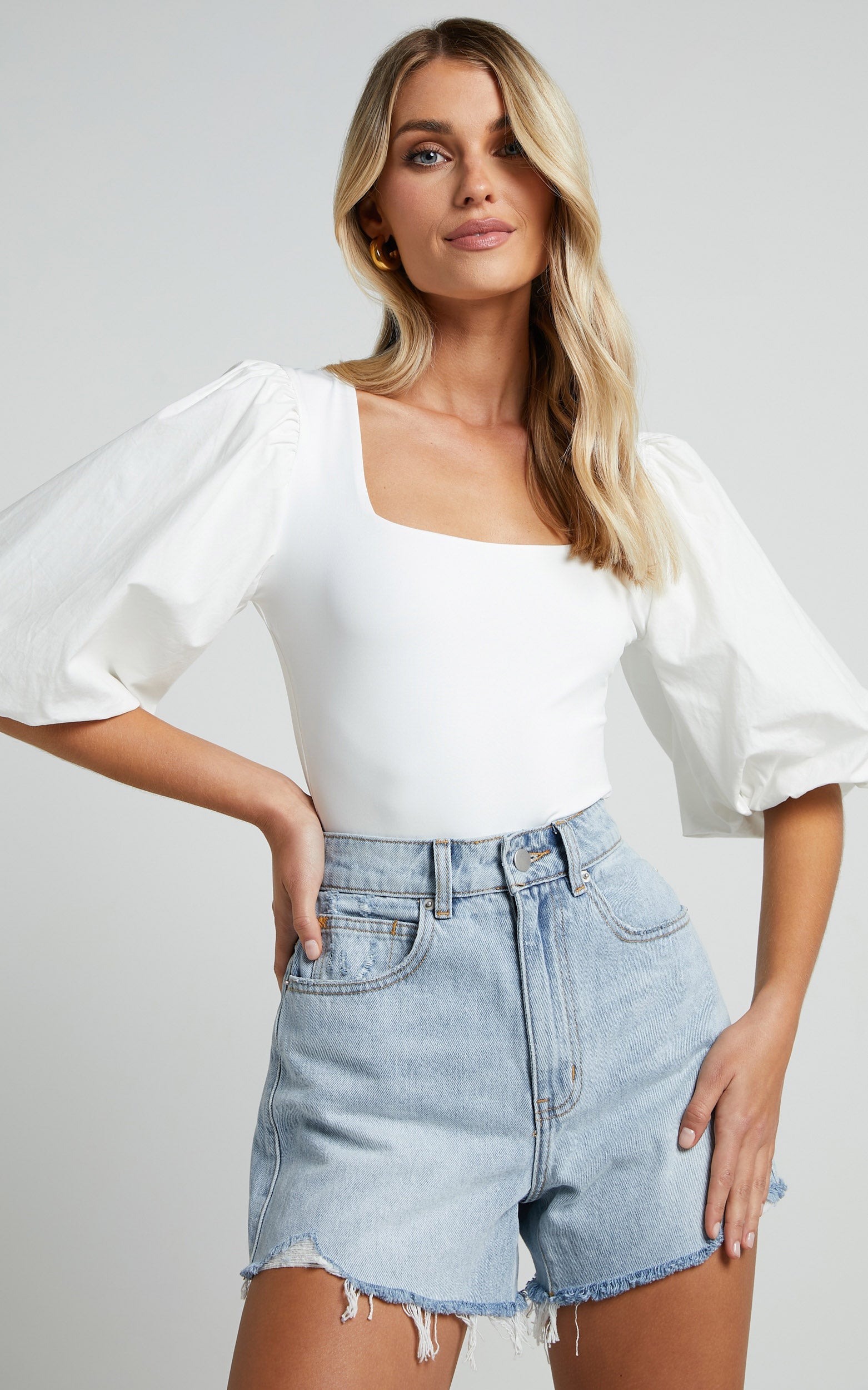 Jessica Bodysuit - Square Neck Short Bubble Sleeve Bodysuit in White