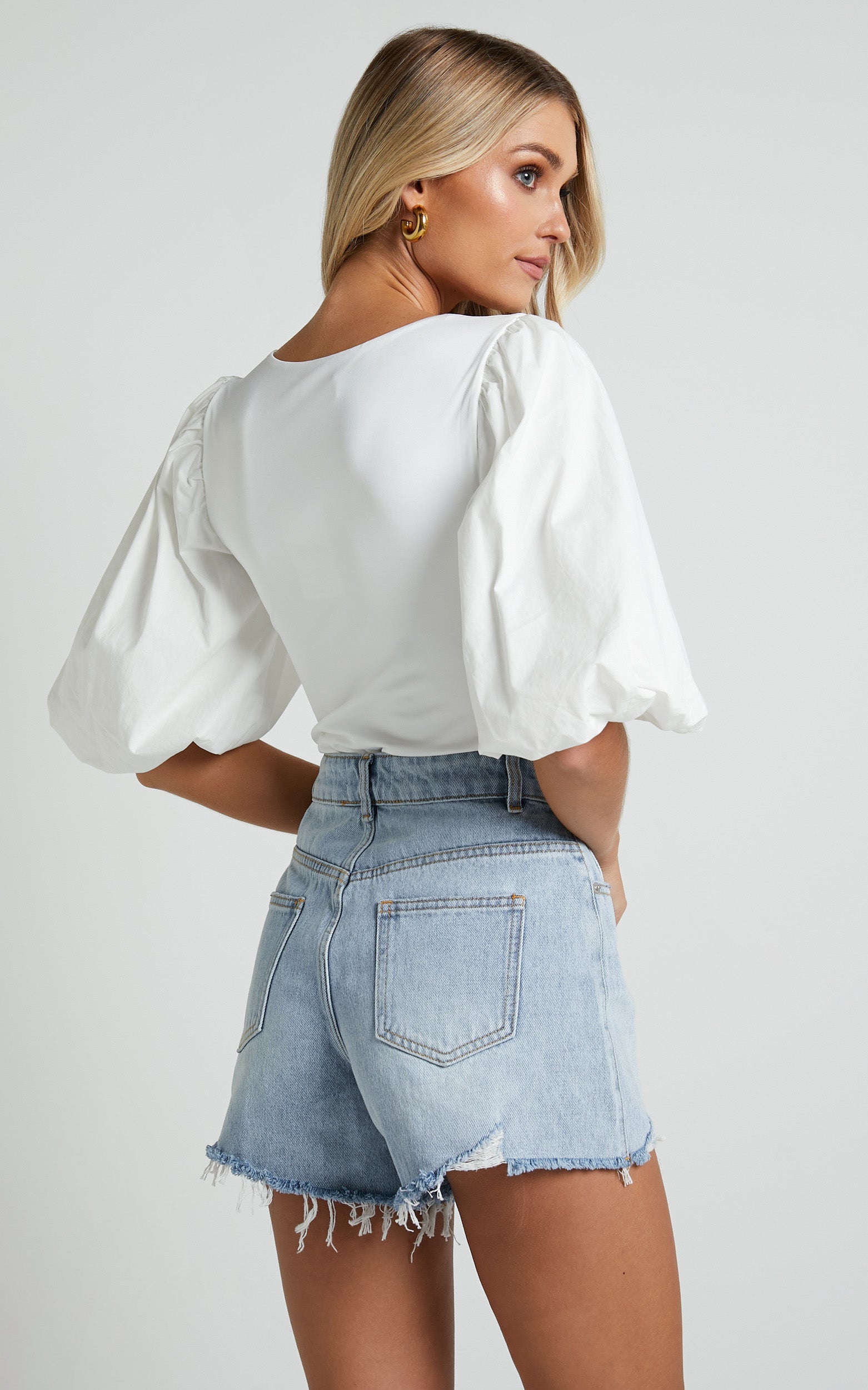 Jessica Bodysuit - Square Neck Short Bubble Sleeve Bodysuit in White