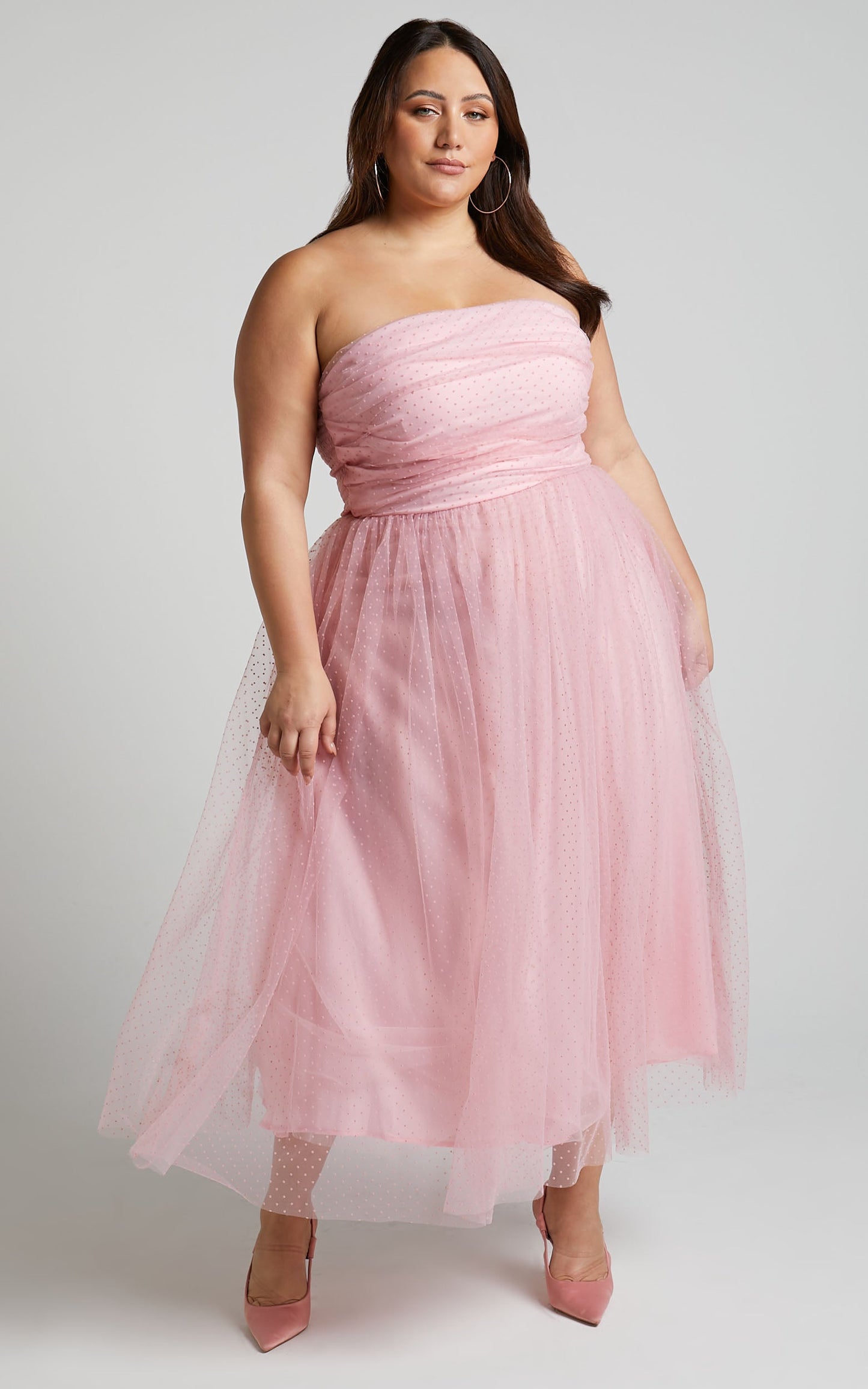Jesslou Midi Dress - Strapless Ruched Bodice Tulle Dress in Pale Pink