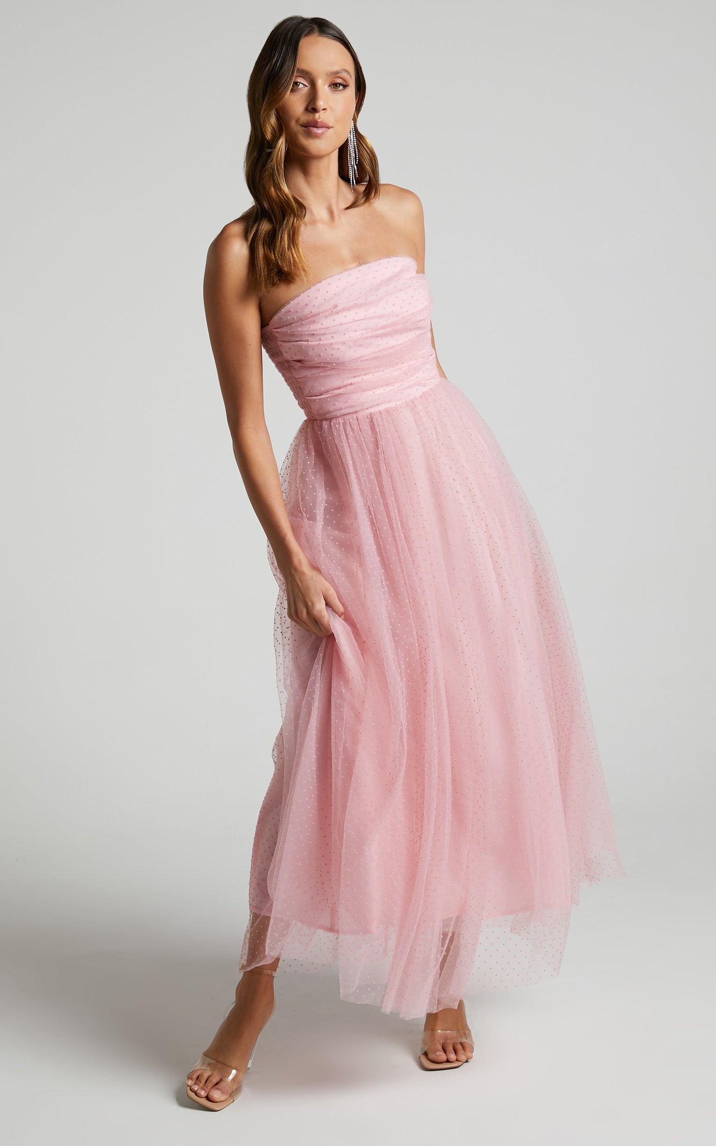 Jesslou Midi Dress - Strapless Ruched Bodice Tulle Dress in Pale Pink