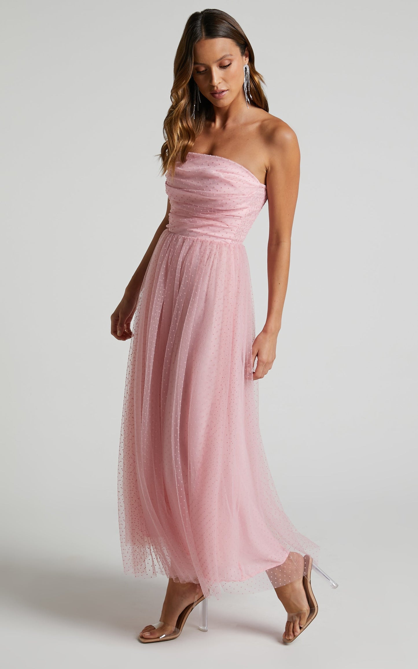 Jesslou Midi Dress - Strapless Ruched Bodice Tulle Dress in Pale Pink