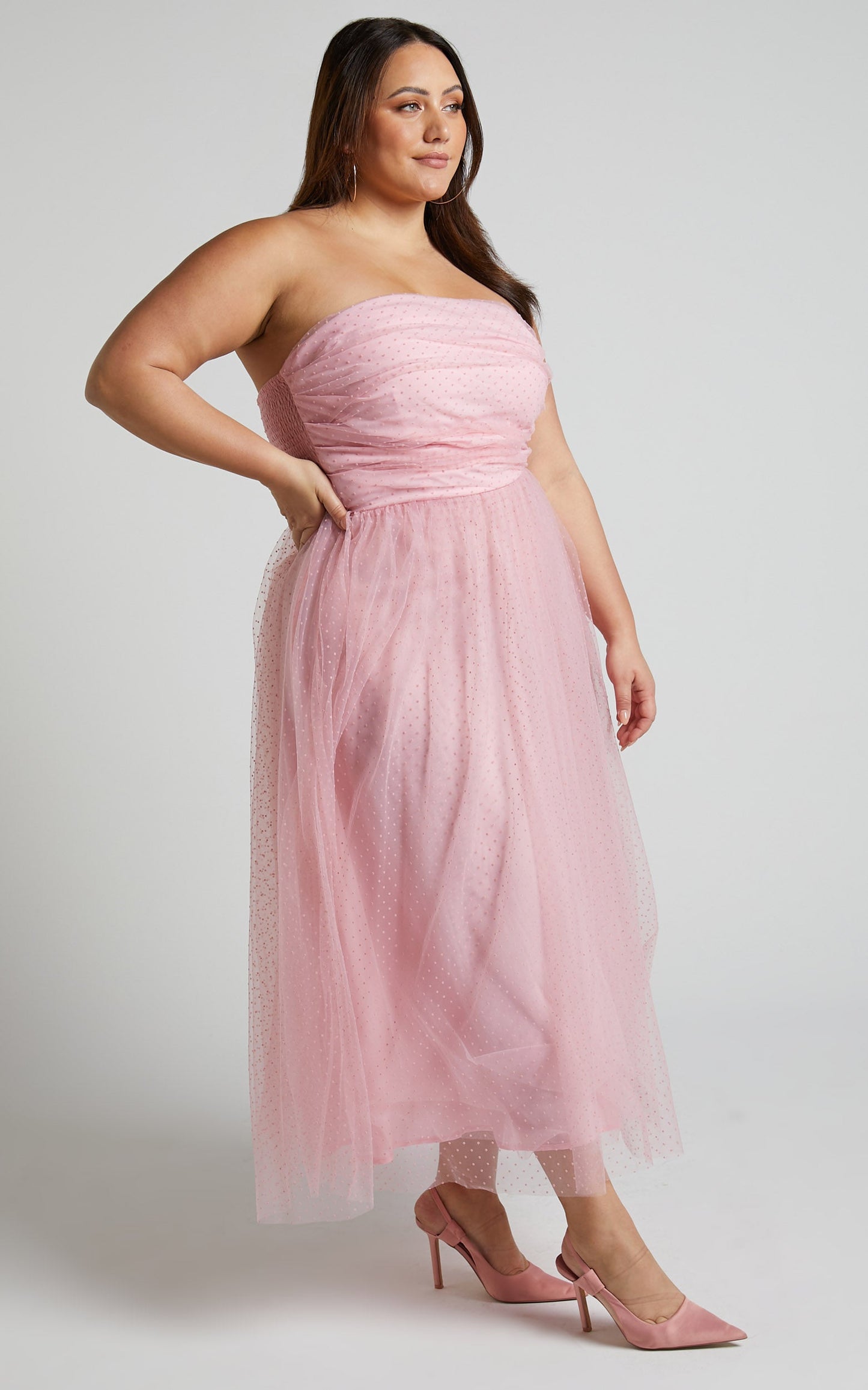 Jesslou Midi Dress - Strapless Ruched Bodice Tulle Dress in Pale Pink