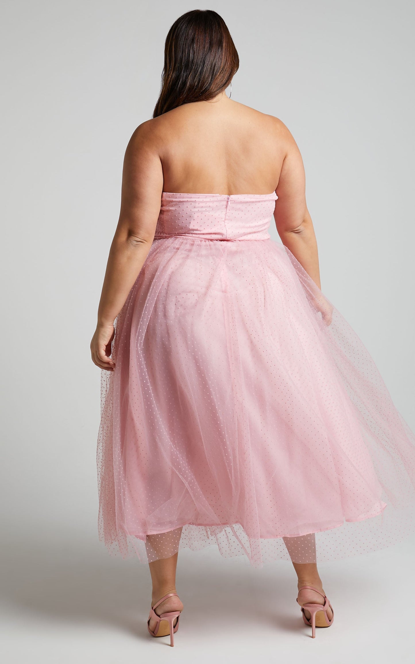 Jesslou Midi Dress - Strapless Ruched Bodice Tulle Dress in Pale Pink
