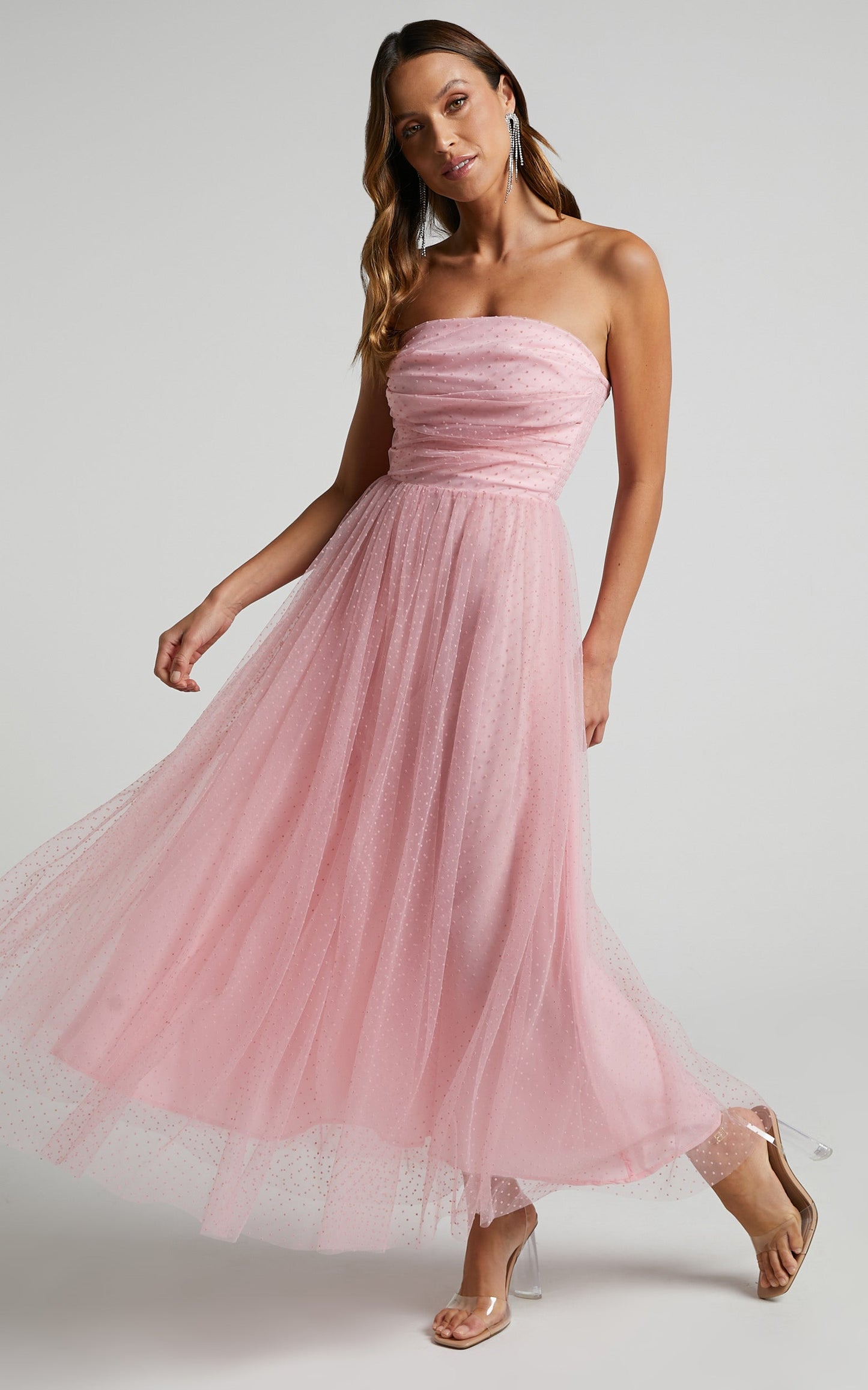 Jesslou Midi Dress - Strapless Ruched Bodice Tulle Dress in Pale Pink