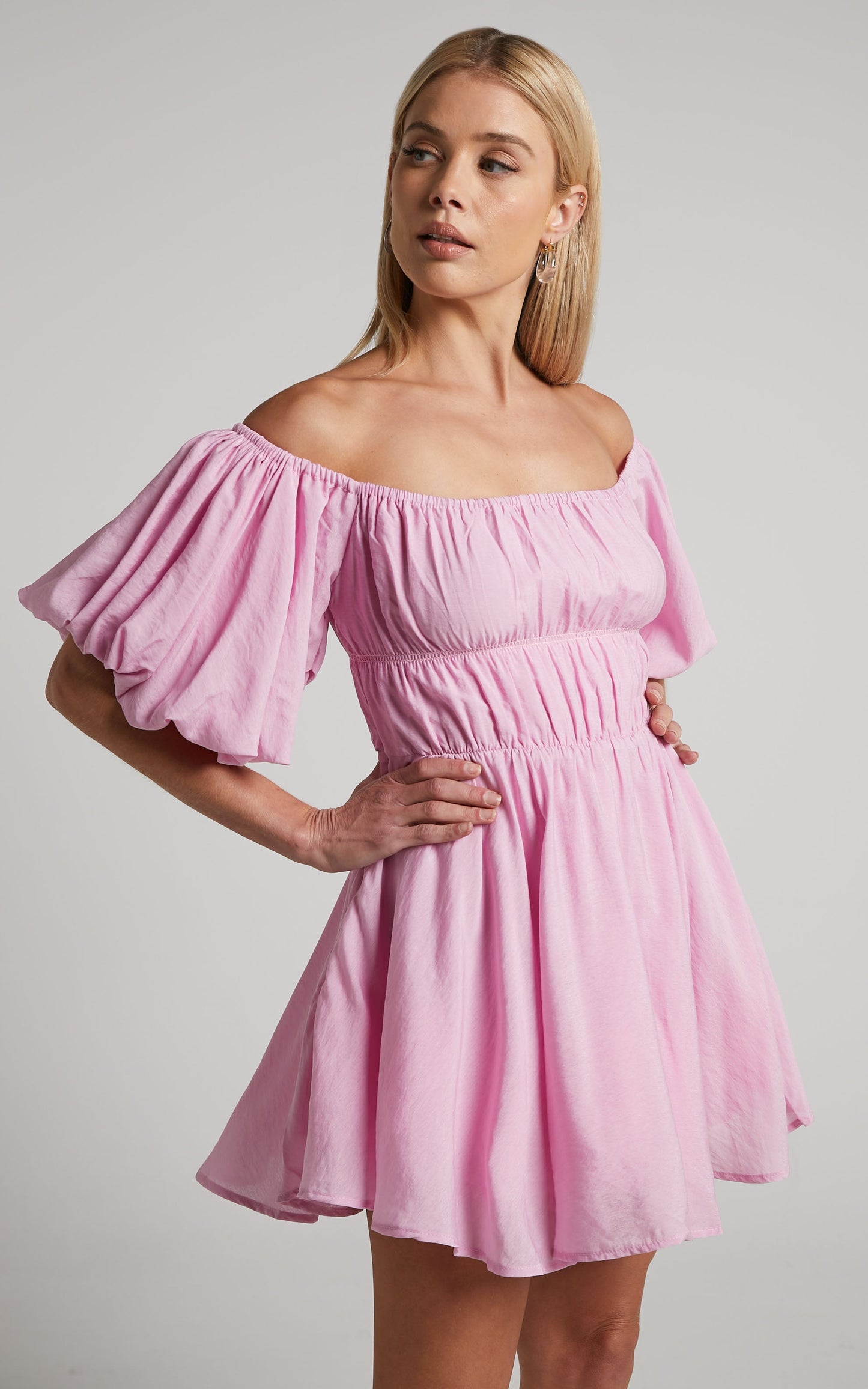 Jessra Mini Linen Blend Dress - Off Shoulder Puff Sleeve Dress in Pink