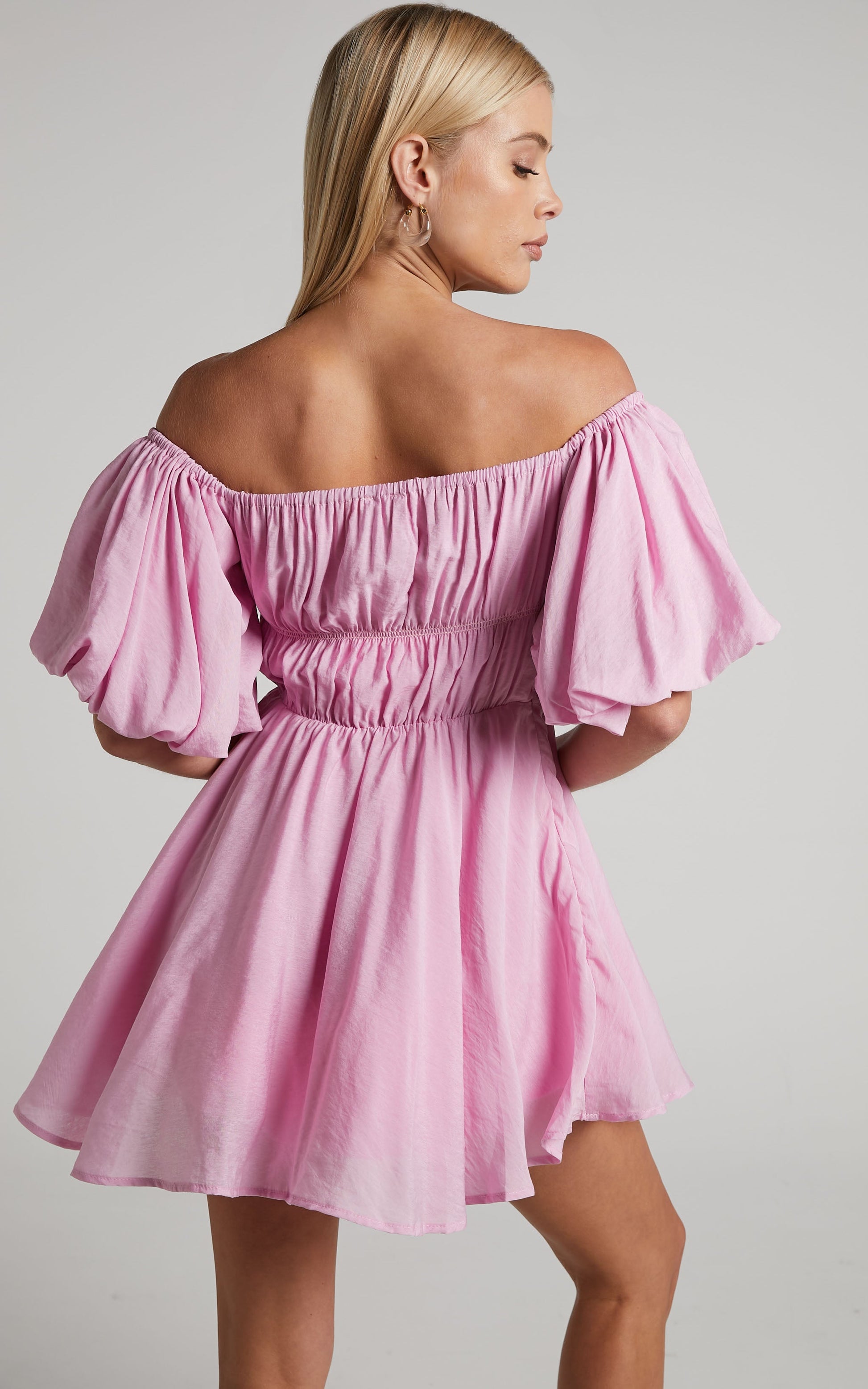 Jessra Mini Linen Blend Dress - Off Shoulder Puff Sleeve Dress in Pink