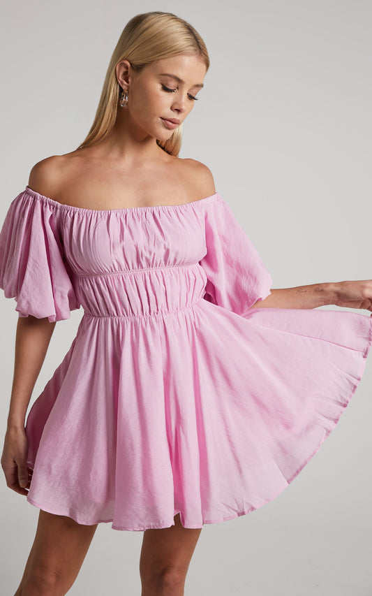 Jessra Mini Linen Blend Dress - Off Shoulder Puff Sleeve Dress in Pink