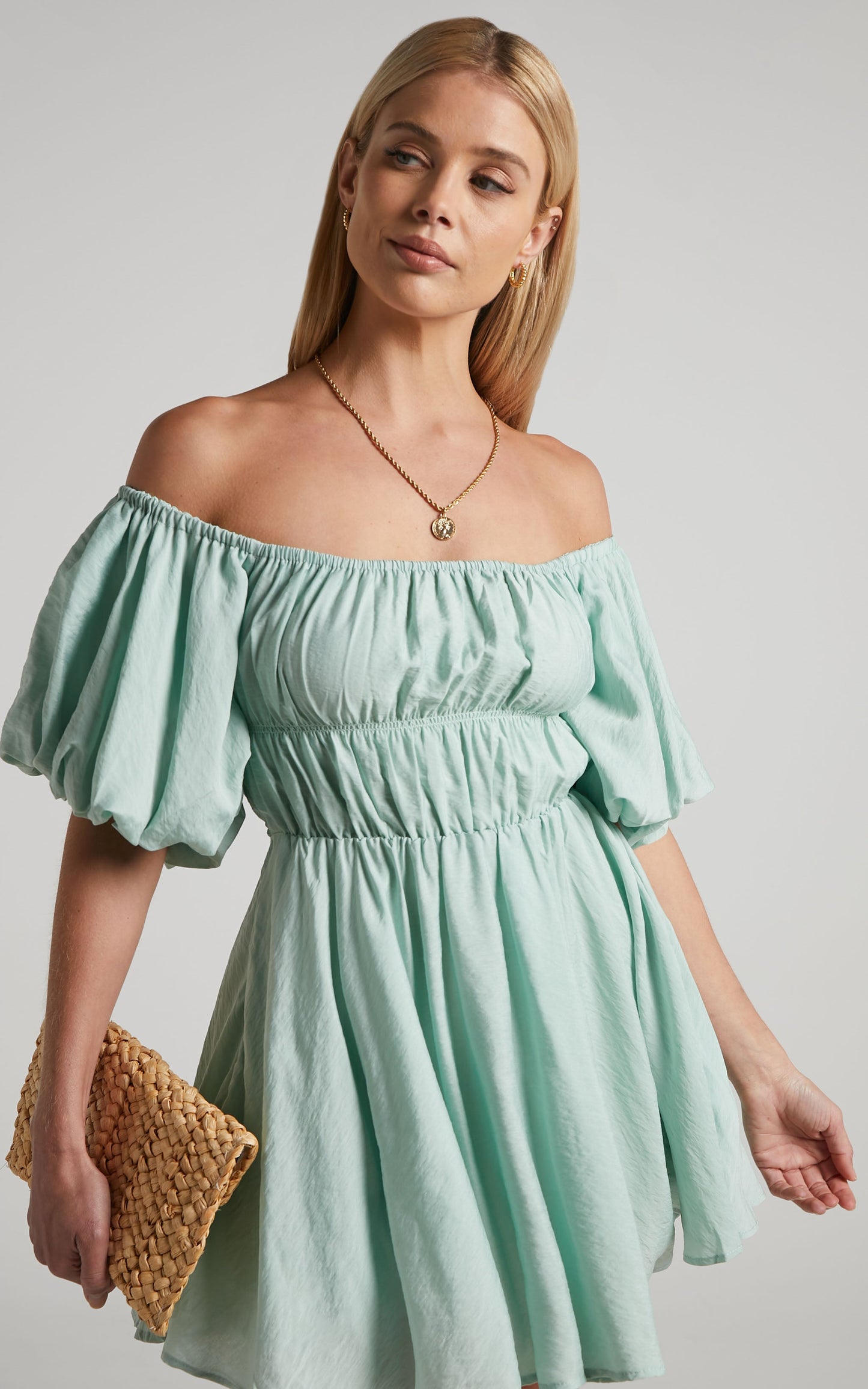 Jessra Mini Linen Blend Dress - Off Shoulder Puff Sleeve Dress in Sage