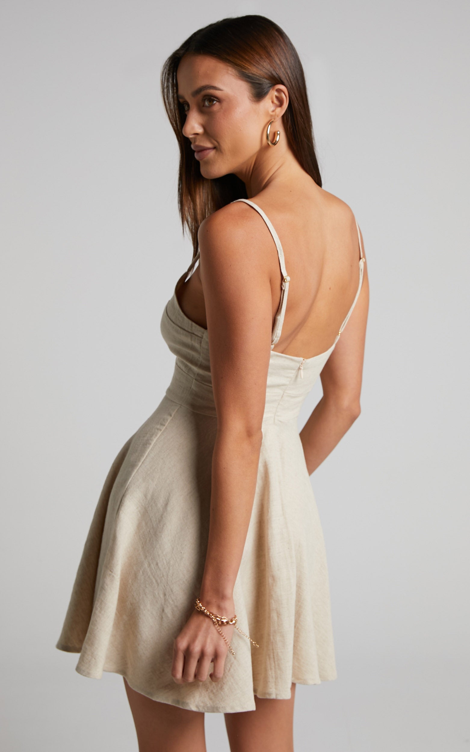 Jhaima Mini Dress - Linen Look Button Detail Dress in Oatmeal