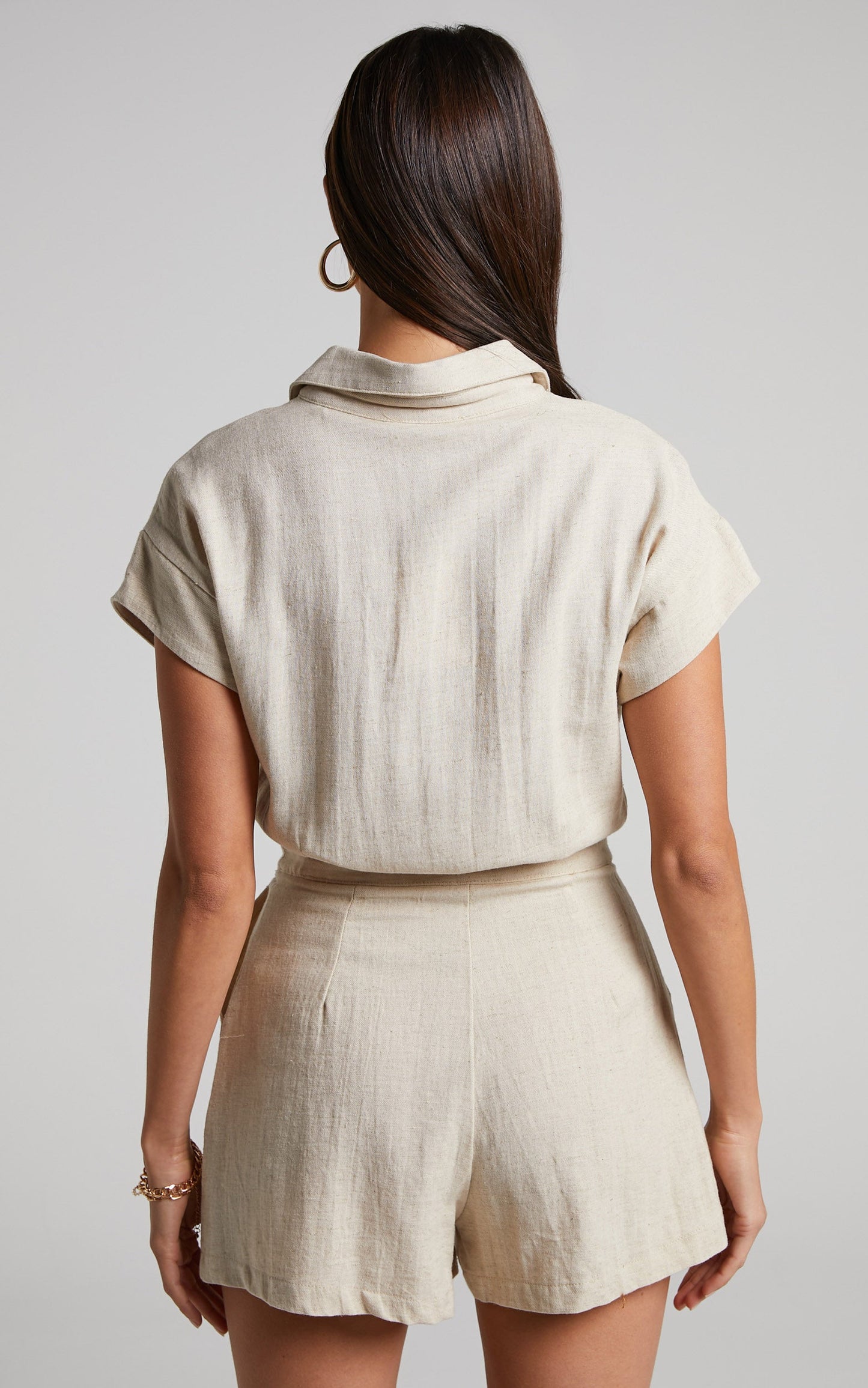 Jhaima Playsuit - Linen Look Collared Button Up Playsuit in Oatmeal
