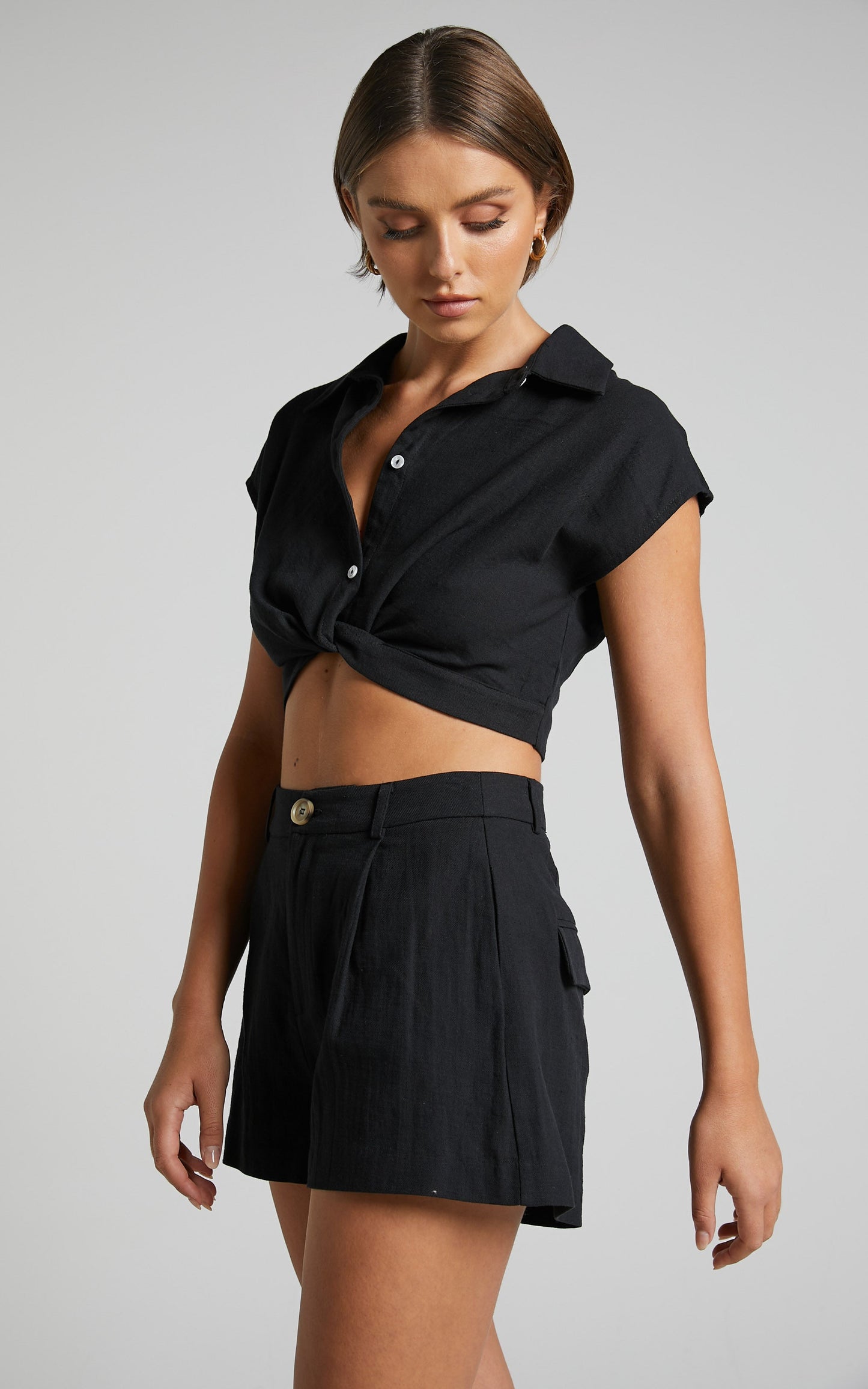 Jhaima Shirt - Linen Look Twist Front Cropped Shirt in Black