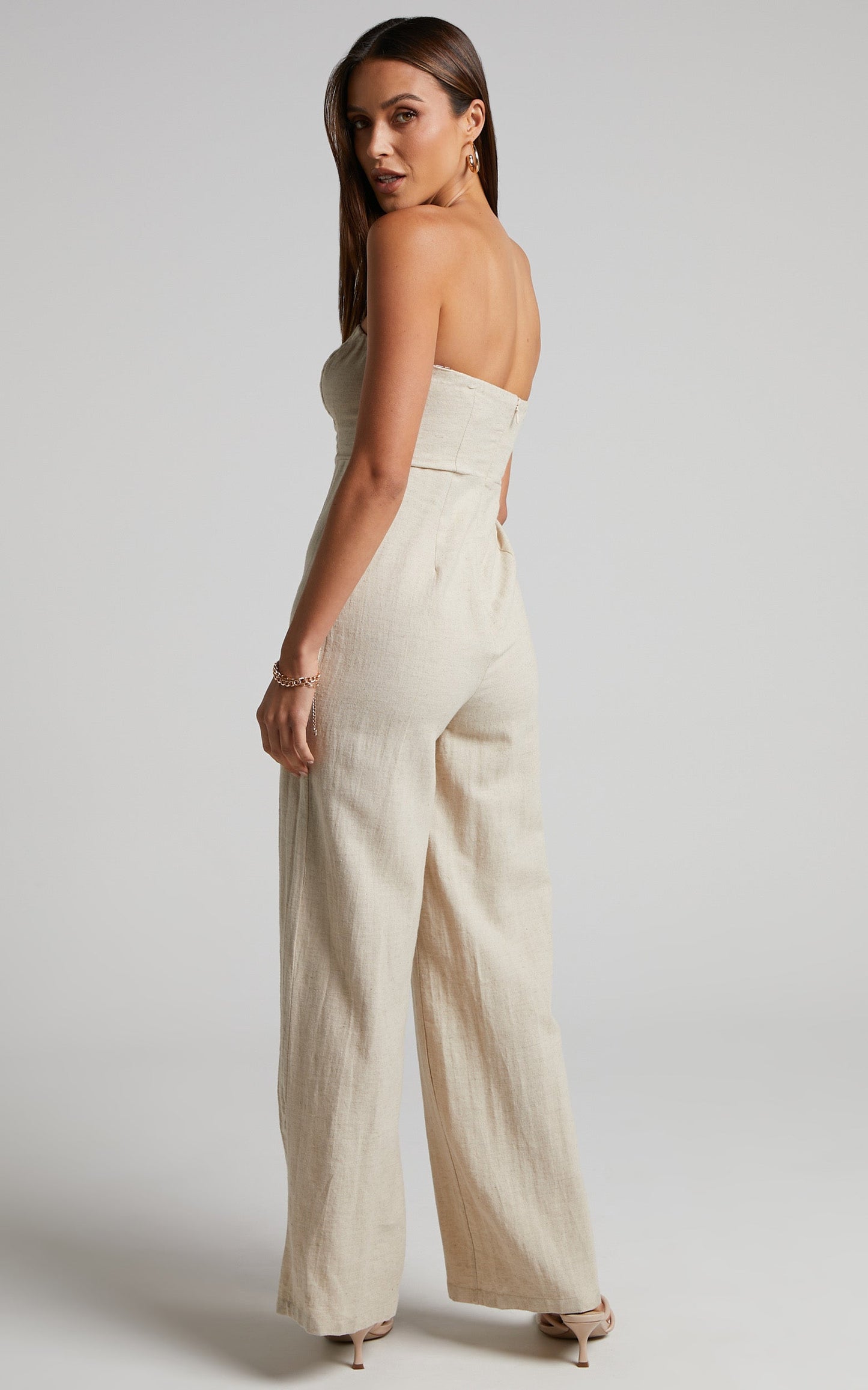 Jhaima Jumpsuit - Linen Look Strapless Wide Leg Jumpsuit in Oatmeal