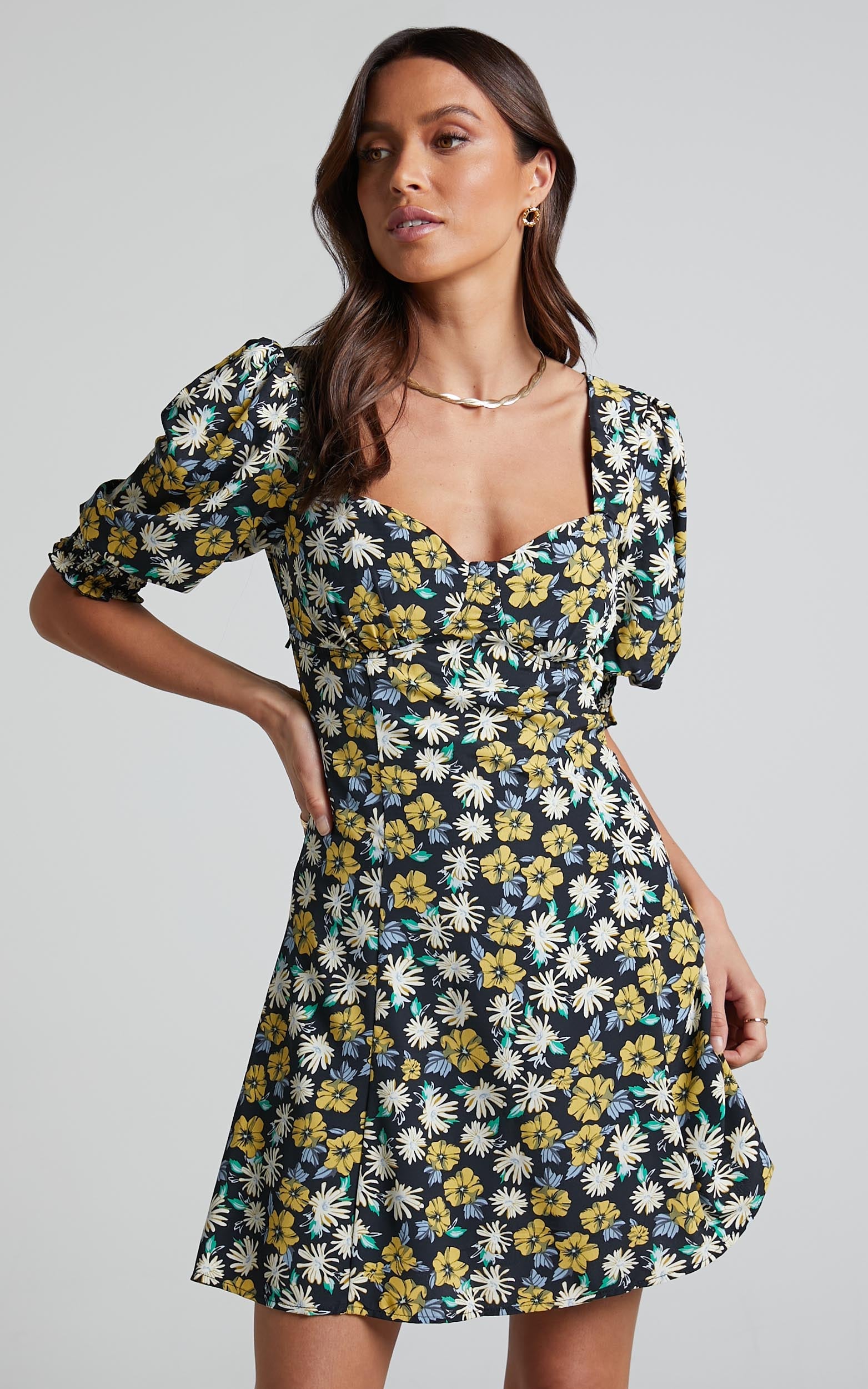 Jhazel Mini Dress - Puff Sleeve Tie Back Dress in Black