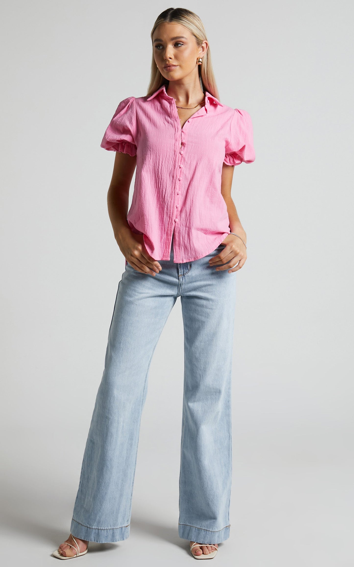 Jhelia Top - Puff Sleeve Button Up Blouse in Candy Pink